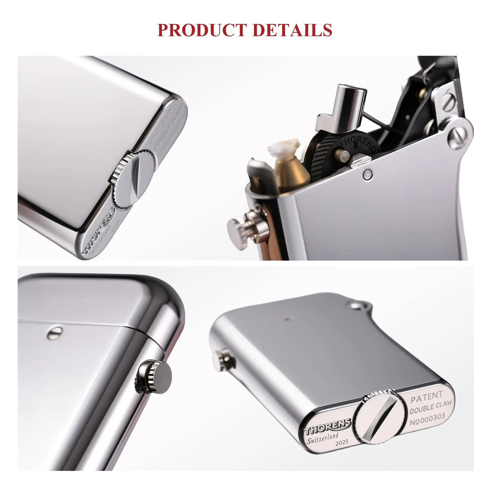 Close-up views of the glossy silver Thorens Gen 4 double claw lighter, showcasing the engraved bottom-fill screw, flint wheel, and internal brass components.