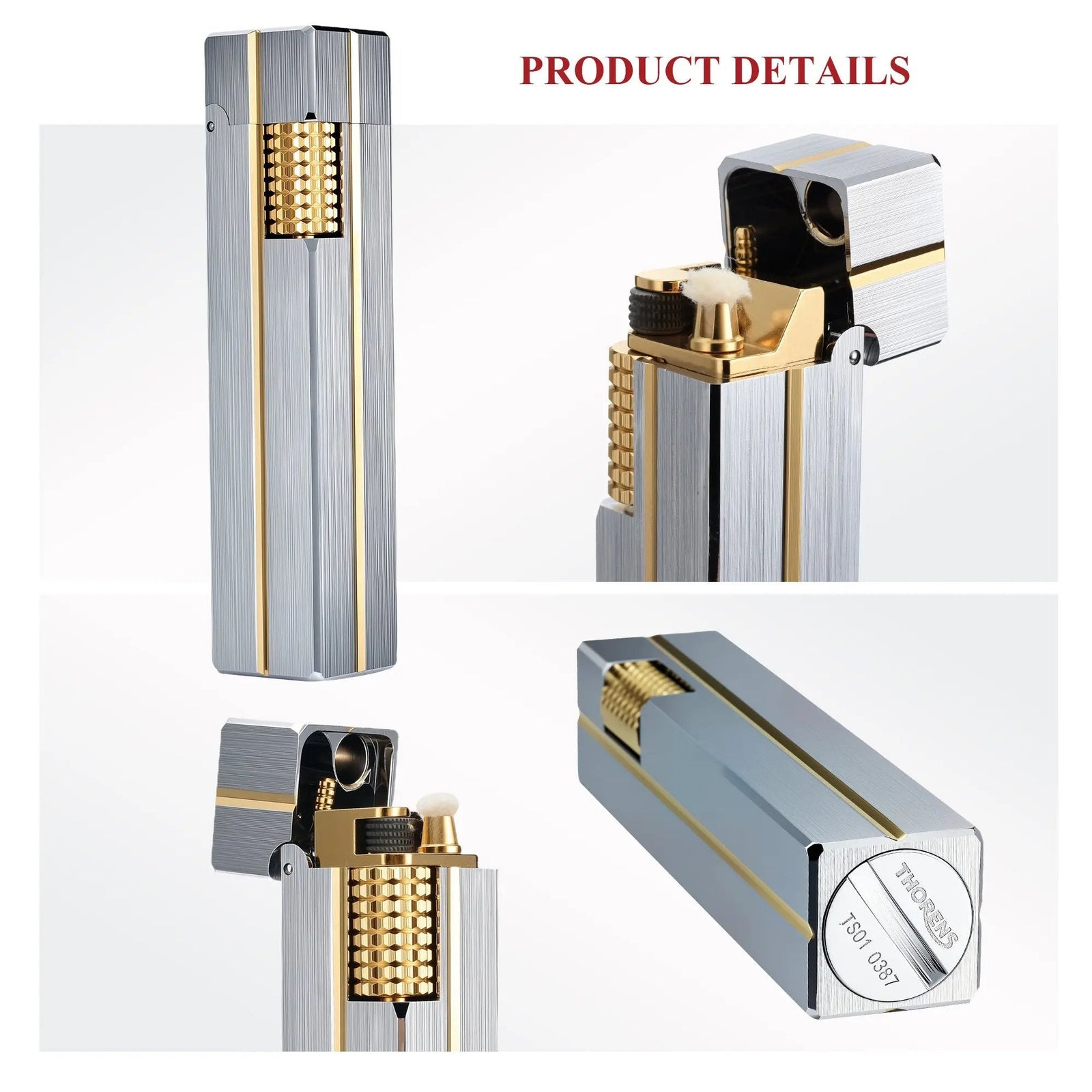 A product details collage of the Side Slip Star Shine rectangular lighter, showcasing the gold-tone ignition roller, wick, and bottom Thorens engraving.