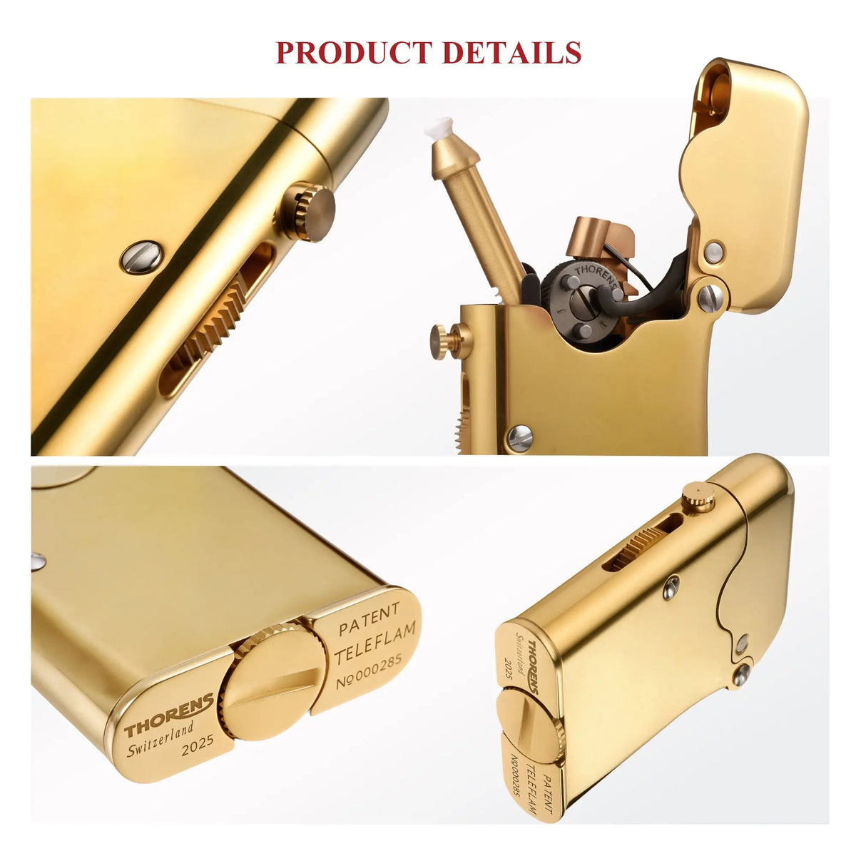 Macro views of a glossy brass Thorens Gen 7 TELEFLAM lighter, showing the engraved patent base, internal single claw arm, and mechanical side wheel.