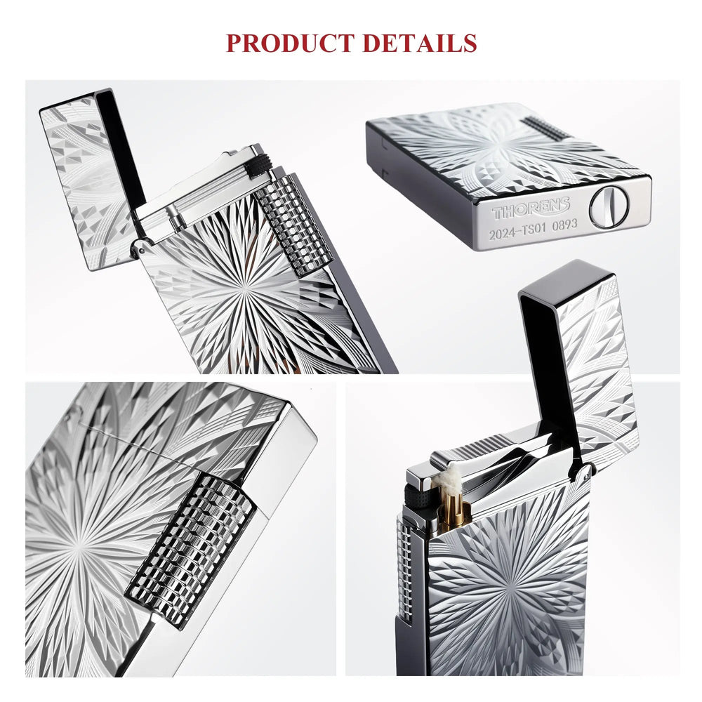 Close-up product details of the Blooming Radiance Silver lighter showing the radial floral engraving, bottom hallmark, and precision mechanical flint wheel.