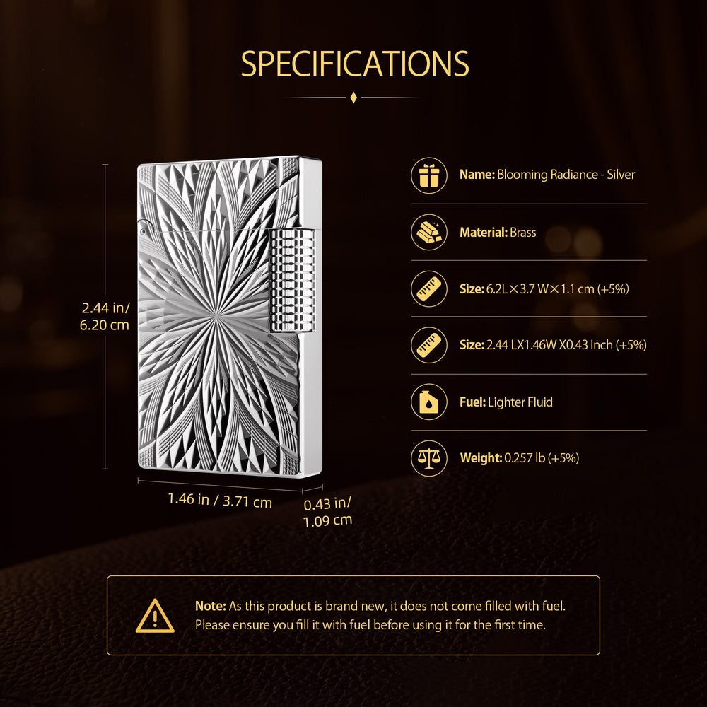 Close-up product details of the Blooming Radiance Silver lighter showing the radial floral engraving, bottom hallmark, and precision mechanical flint wheel.