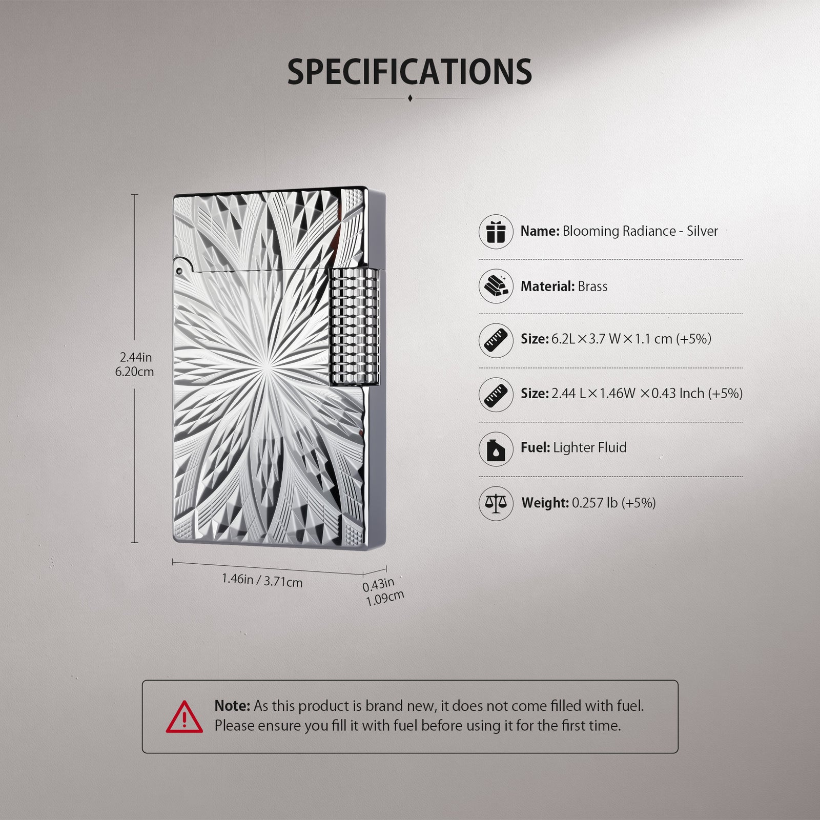 Close-up product details of the Blooming Radiance Silver lighter showing the radial floral engraving, bottom hallmark, and precision mechanical flint wheel.