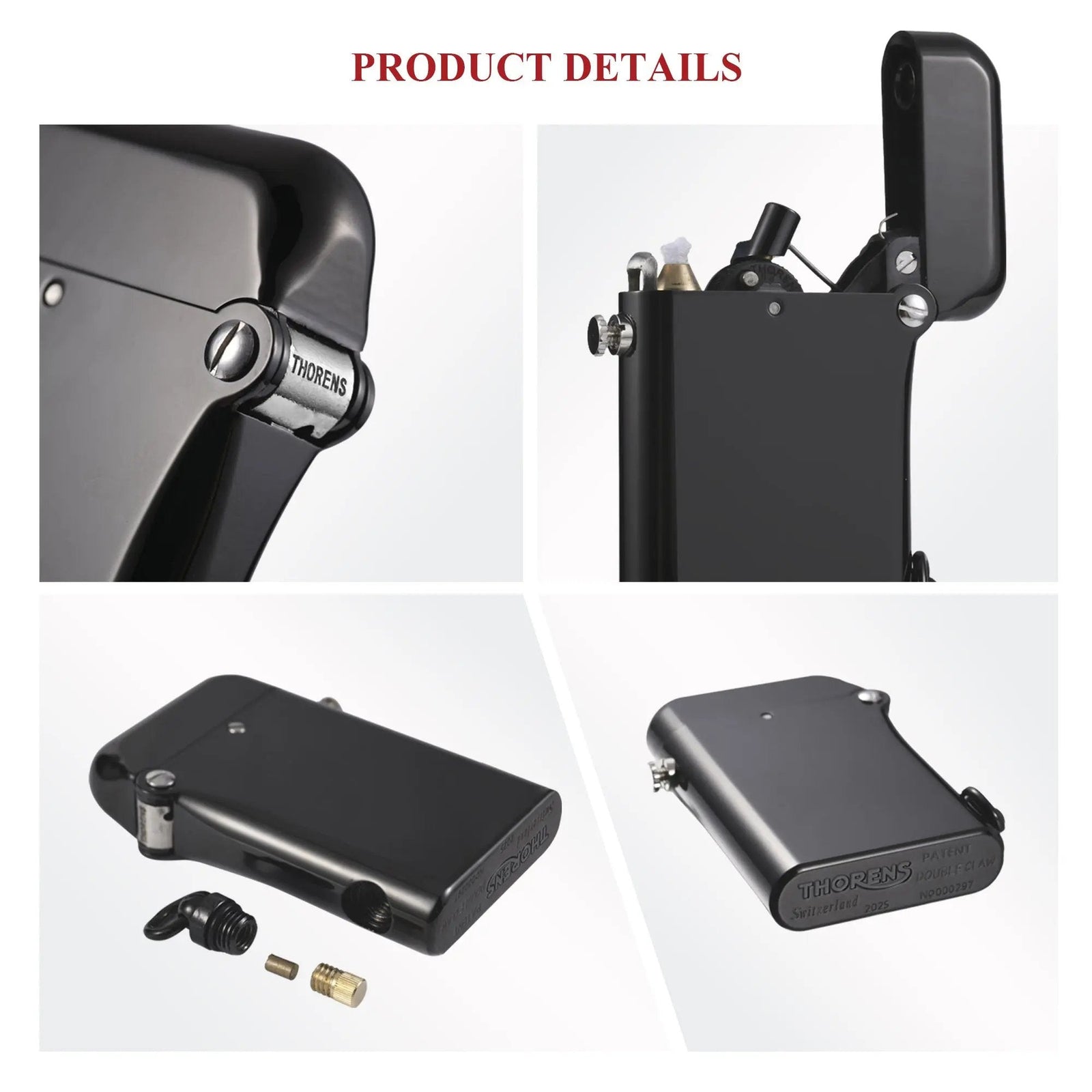 Close-up product details of a Thorens Gen 2 Glossy Black lighter showing the engraved hinge, open double claw mechanism, and bottom fuel screw.