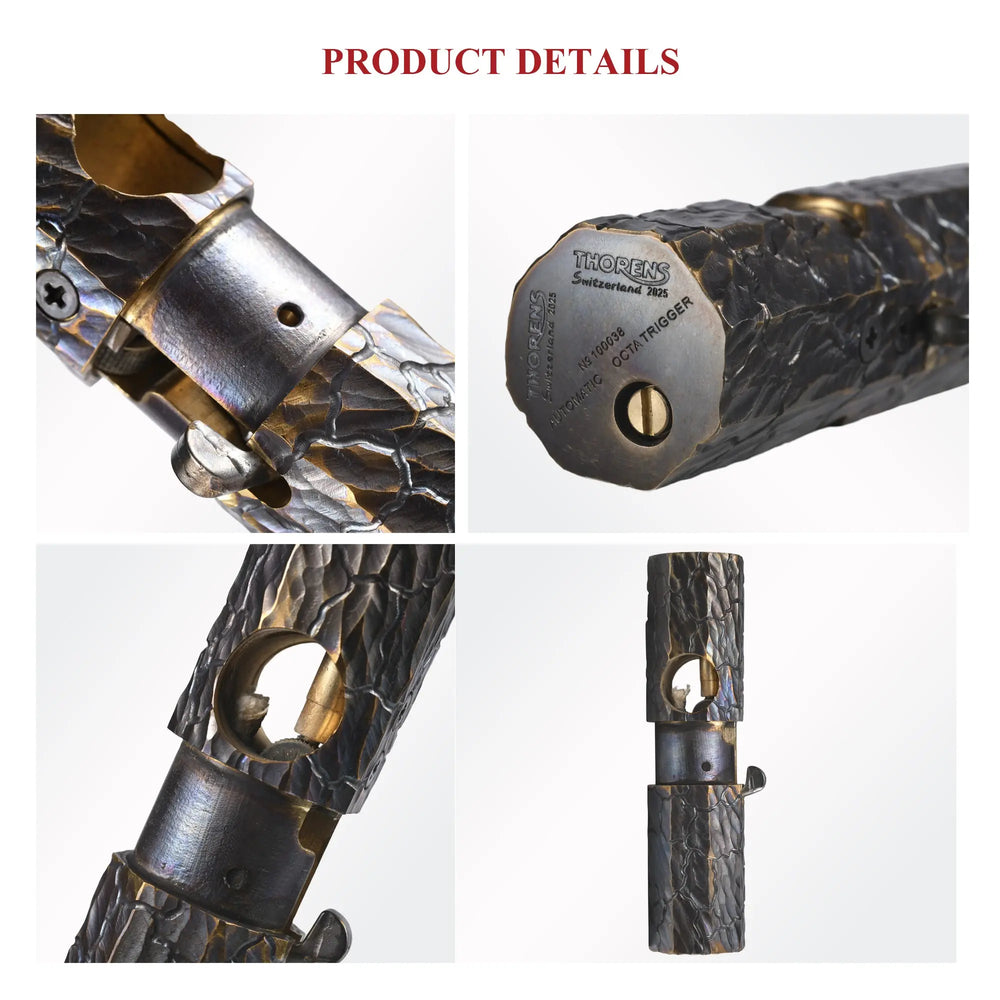 Close-up of a Thorens Octagon Trigger lighter showing the hand-carved earth fissure texture on antiqued brass with mechanical ignition details.