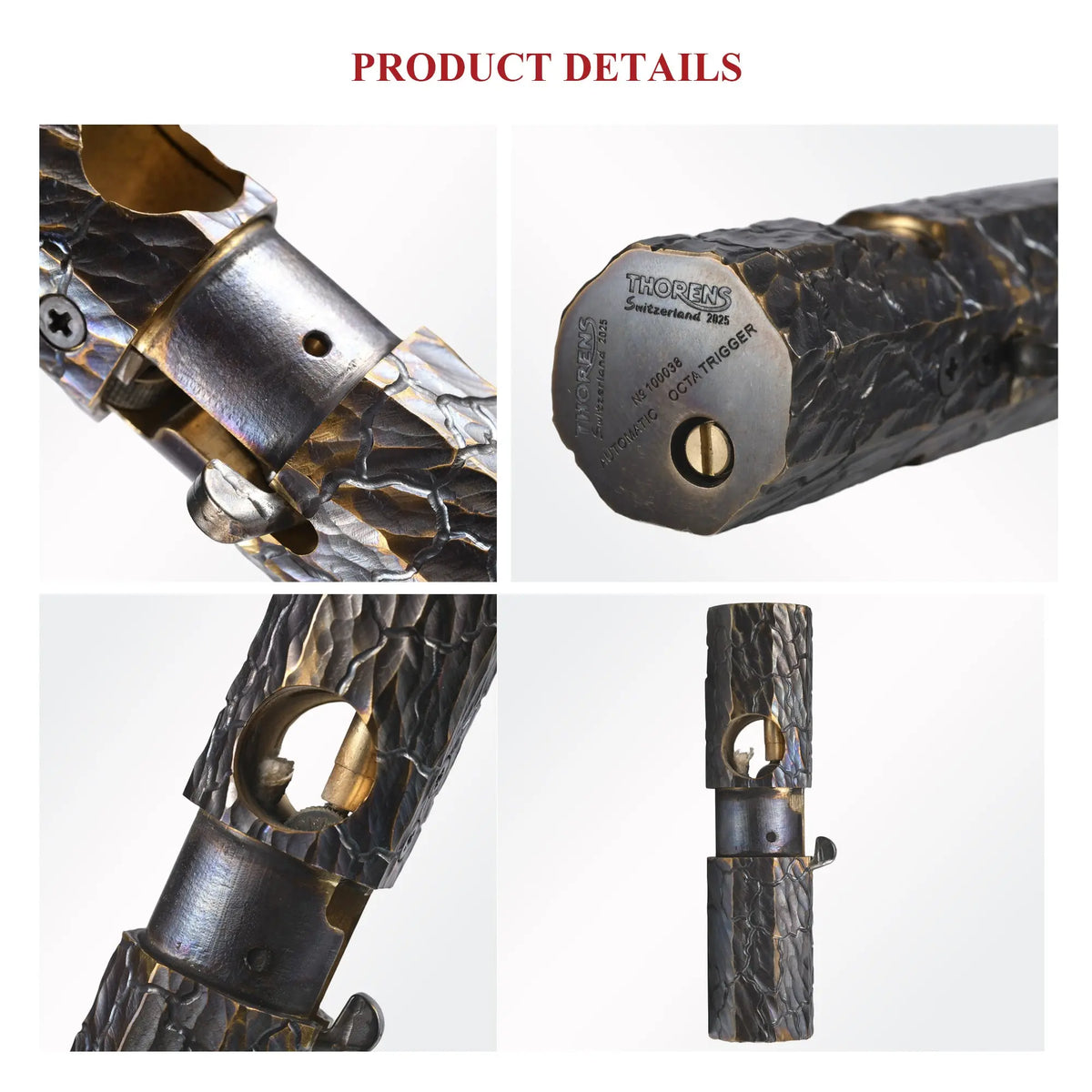Close-up of a Thorens Octagon Trigger lighter showing the hand-carved earth fissure texture on antiqued brass with mechanical ignition details.