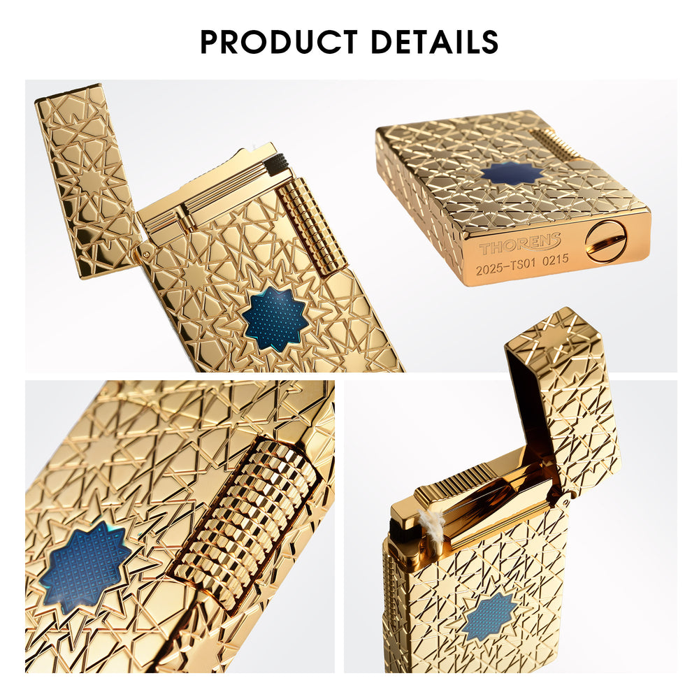 Close-up product details of the Stellar Mesh Gold lighter showcasing the textured flint wheel, deep-etched geometric star patterns, and signature blue mesh inlay.