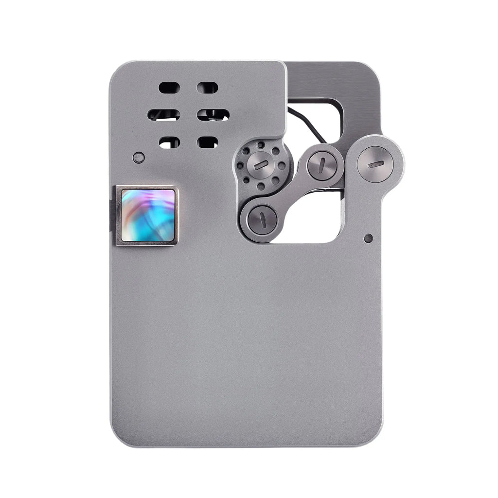 A futuristic Ejection Hollowing Machine lighter in matte grey, featuring a mechanical linkage arm, a perforated windproof guard, and a colorful iridescent accent.