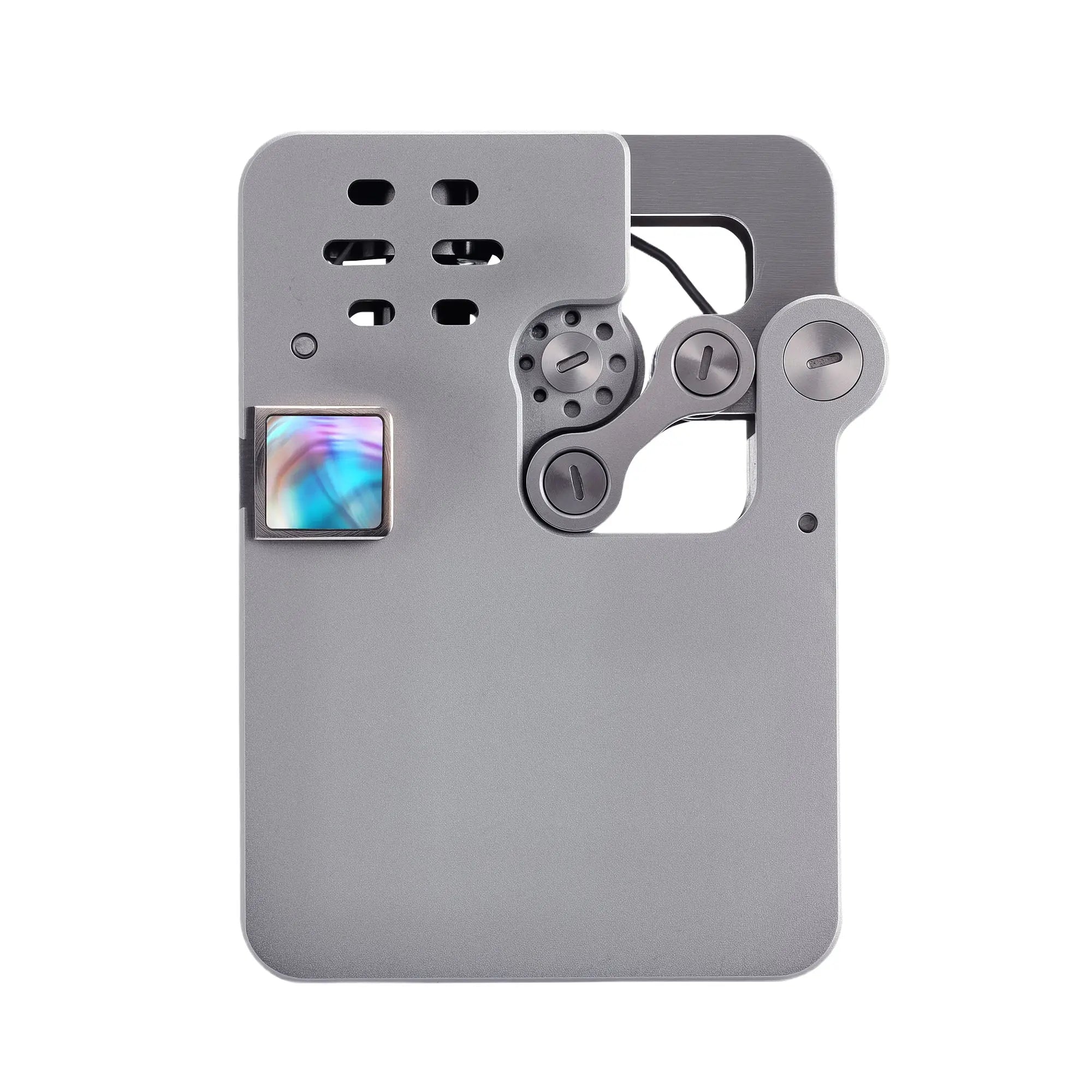 A futuristic Ejection Hollowing Machine lighter in matte grey, featuring a mechanical linkage arm, a perforated windproof guard, and a colorful iridescent accent.