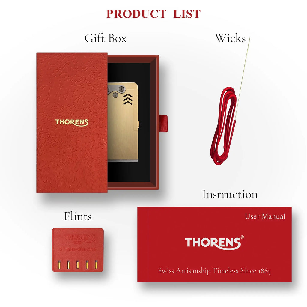 Thorens Ejection Lighter in brass finish shown in an open red gift box with flints, wick, and instruction manual on a light background.