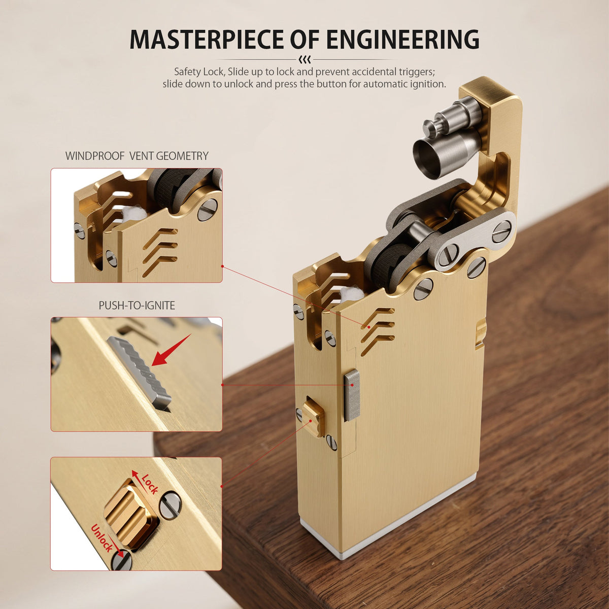 Thorens Ejection Lighter in brass finish shown in an open red gift box with flints, wick, and instruction manual on a light background.