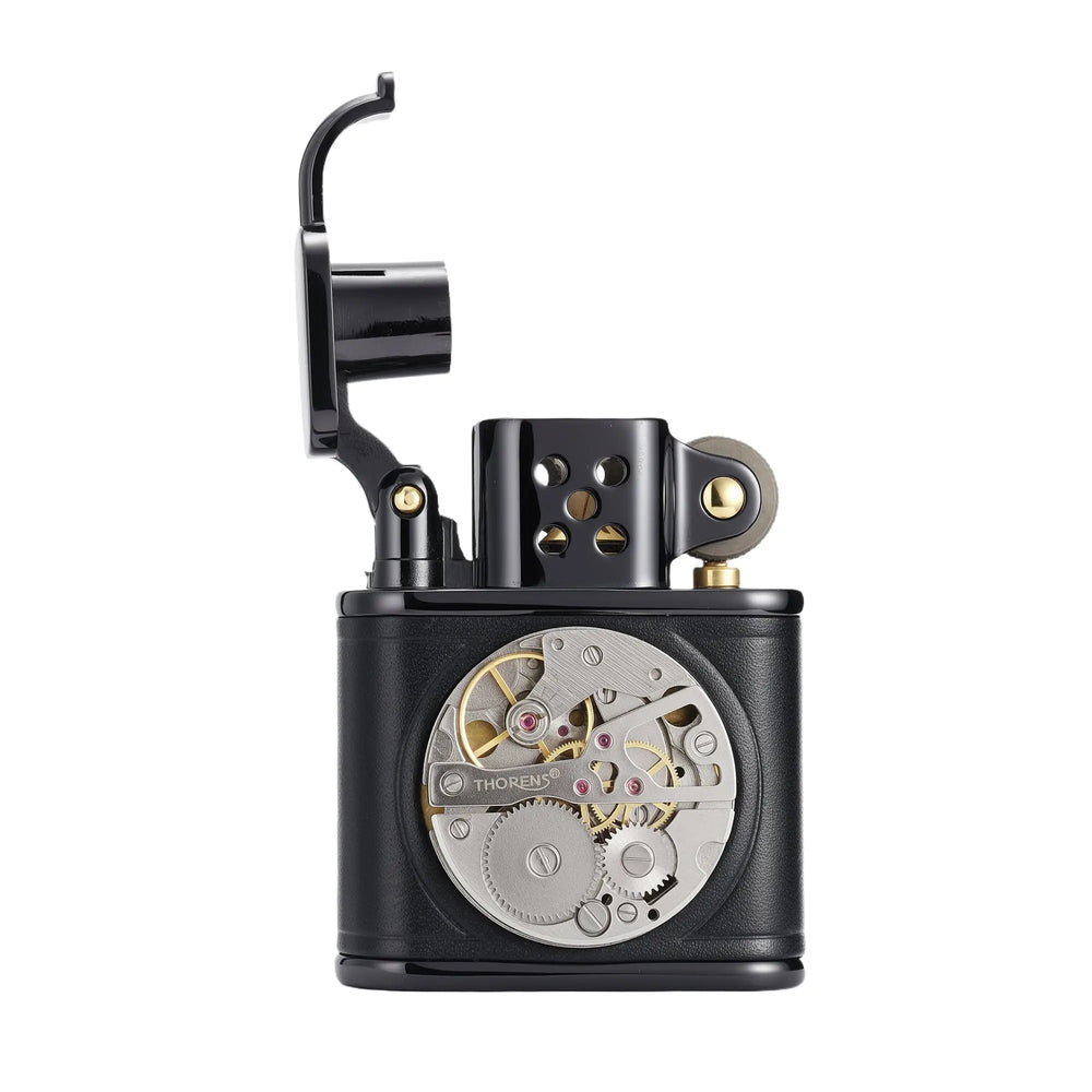 Front view of an open black hand-stitched leather Thorens lighter featuring an intricate inlaid mechanical watch movement.