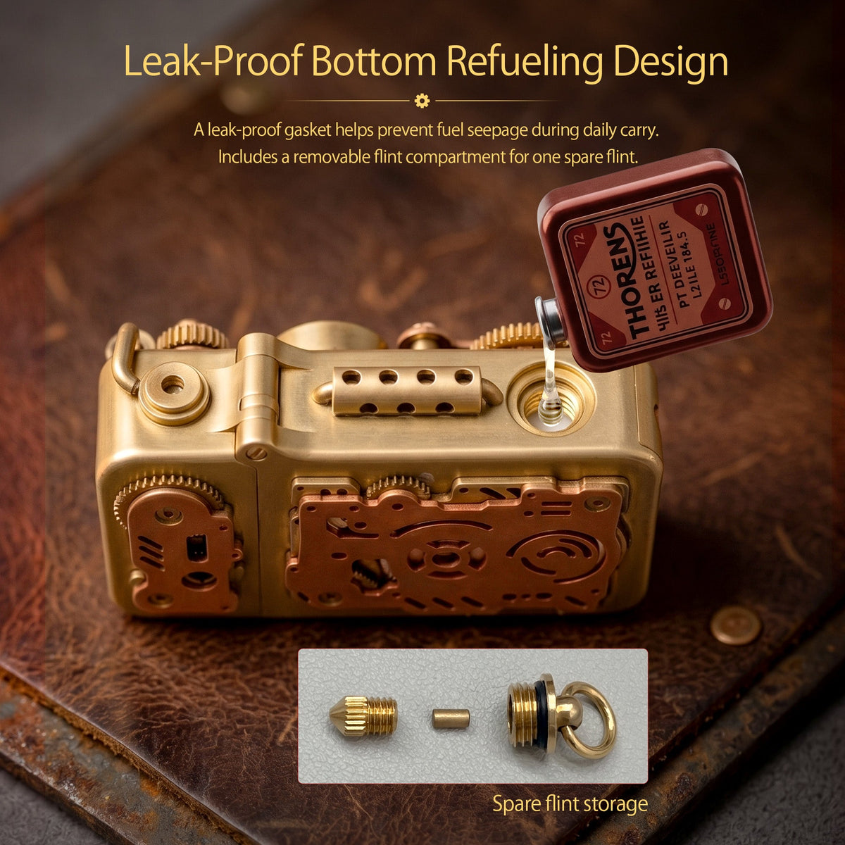 Vertical view of a Thorens steampunk lighter showcasing its multi-layered brass and copper gears, mechanical rods, and intricate industrial design.