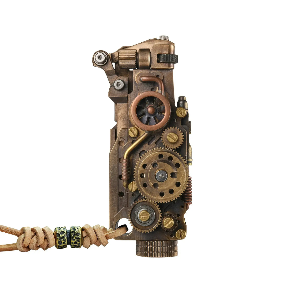 Front view of the Thorens steampunk mechanical grip grand gear lighter in antique bronze on a white background, highlighting oversized exposed gear detailing, mixed metal tones, and a leather lanyard with bead accents
