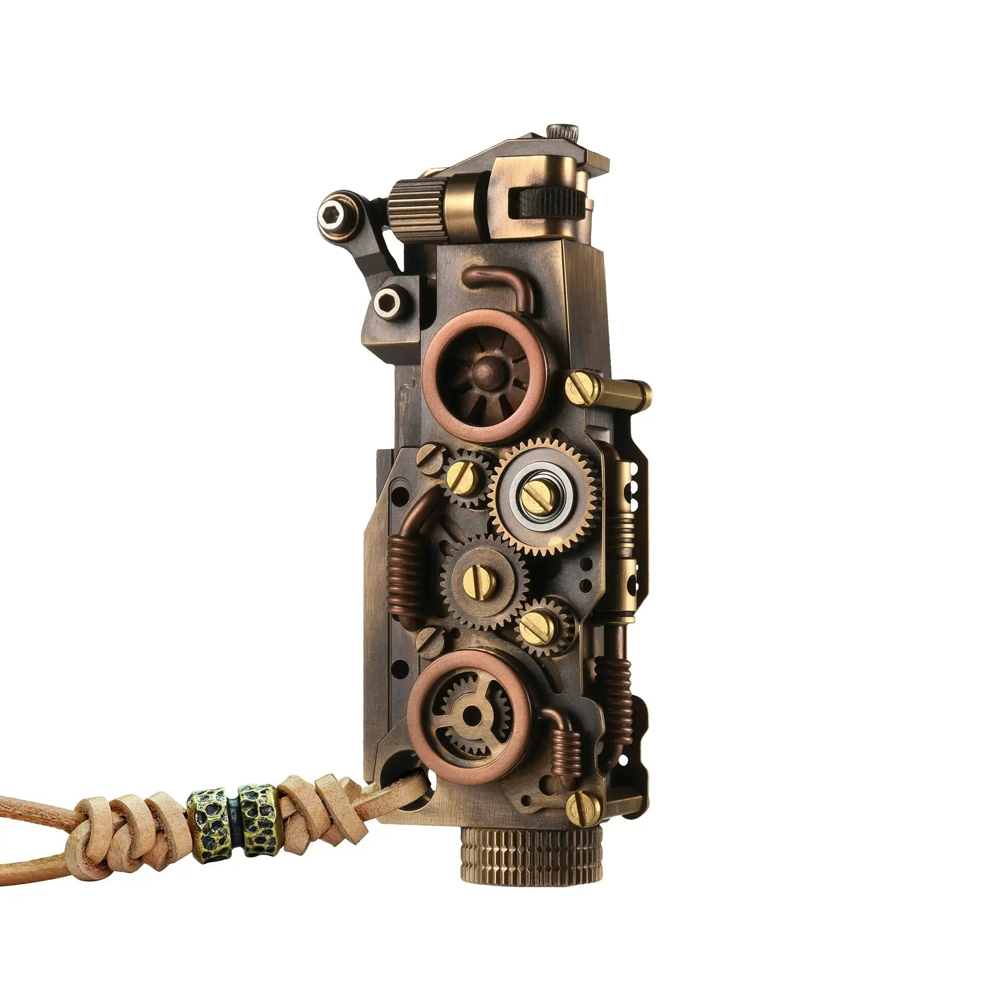 Front view of the Thorens steampunk mechanical grip lighter in antique bronze on a white background, highlighting exposed fine gears, mixed metal detailing, and a leather lanyard with bead accents