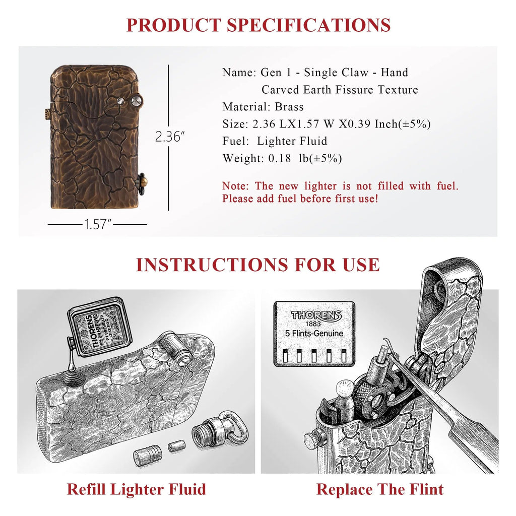 A technical infographic for the Gen 1 Single Claw Earth Fissure lighter, providing weight and dimension specs alongside illustrated steps for refilling lighter fluid and replacing the flint.