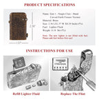 A technical infographic for the Gen 1 Single Claw Earth Fissure lighter, providing weight and dimension specs alongside illustrated steps for refilling lighter fluid and replacing the flint.