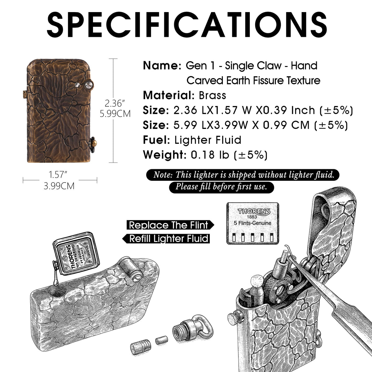 A technical infographic for the Gen 1 Single Claw Earth Fissure lighter, providing weight and dimension specs alongside illustrated steps for refilling lighter fluid and replacing the flint.