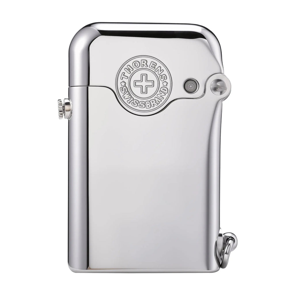 A polished silver Thorens Gen 1 Single Claw lighter featuring an embossed Thorens Swiss Brand emblem and refined mechanical finish.