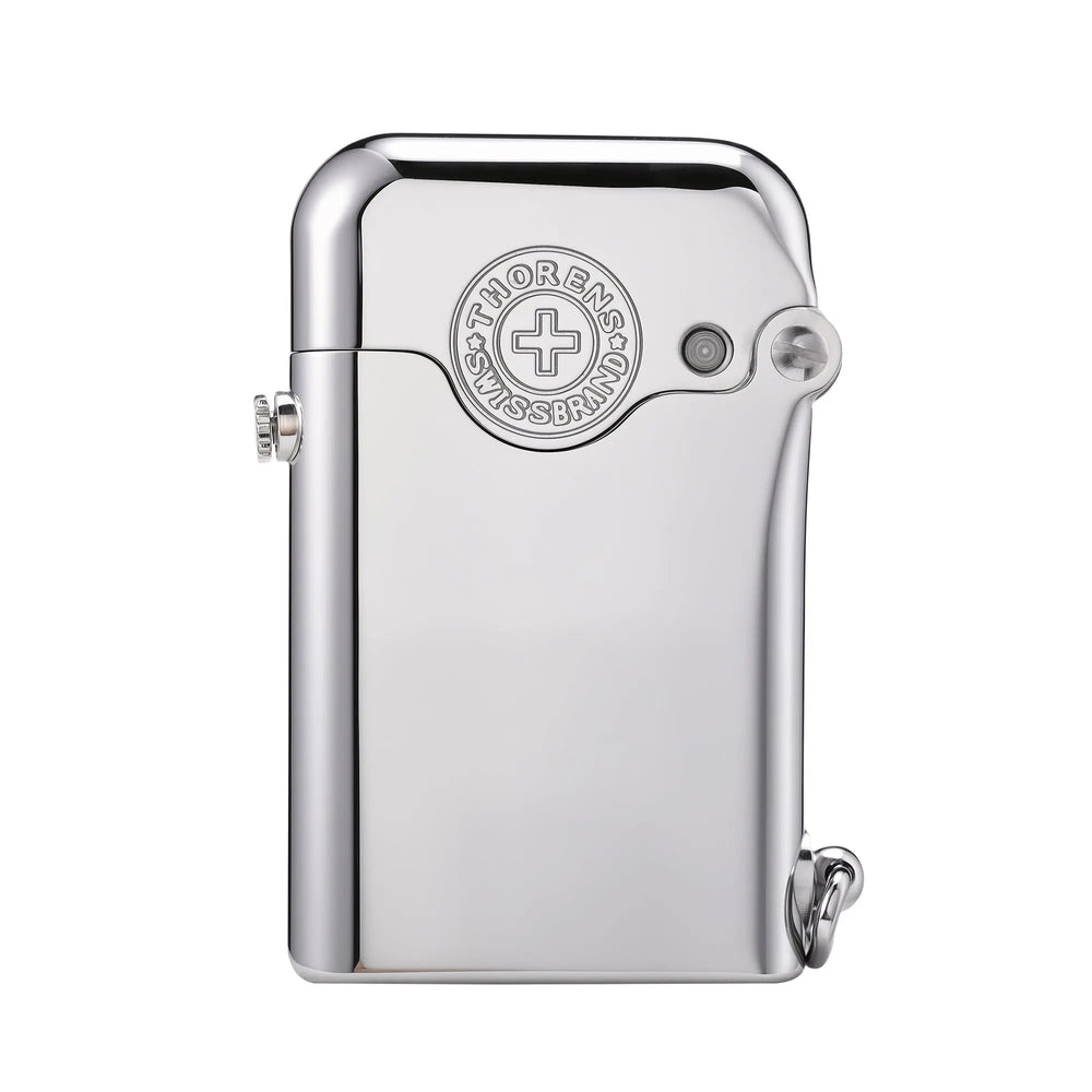 A Gen 1 Single Claw lighter in a high-polish glossy silver finish, featuring a signature mechanical hinge, bottom-fill design, and an engraved Thorens Swiss Brand logo.