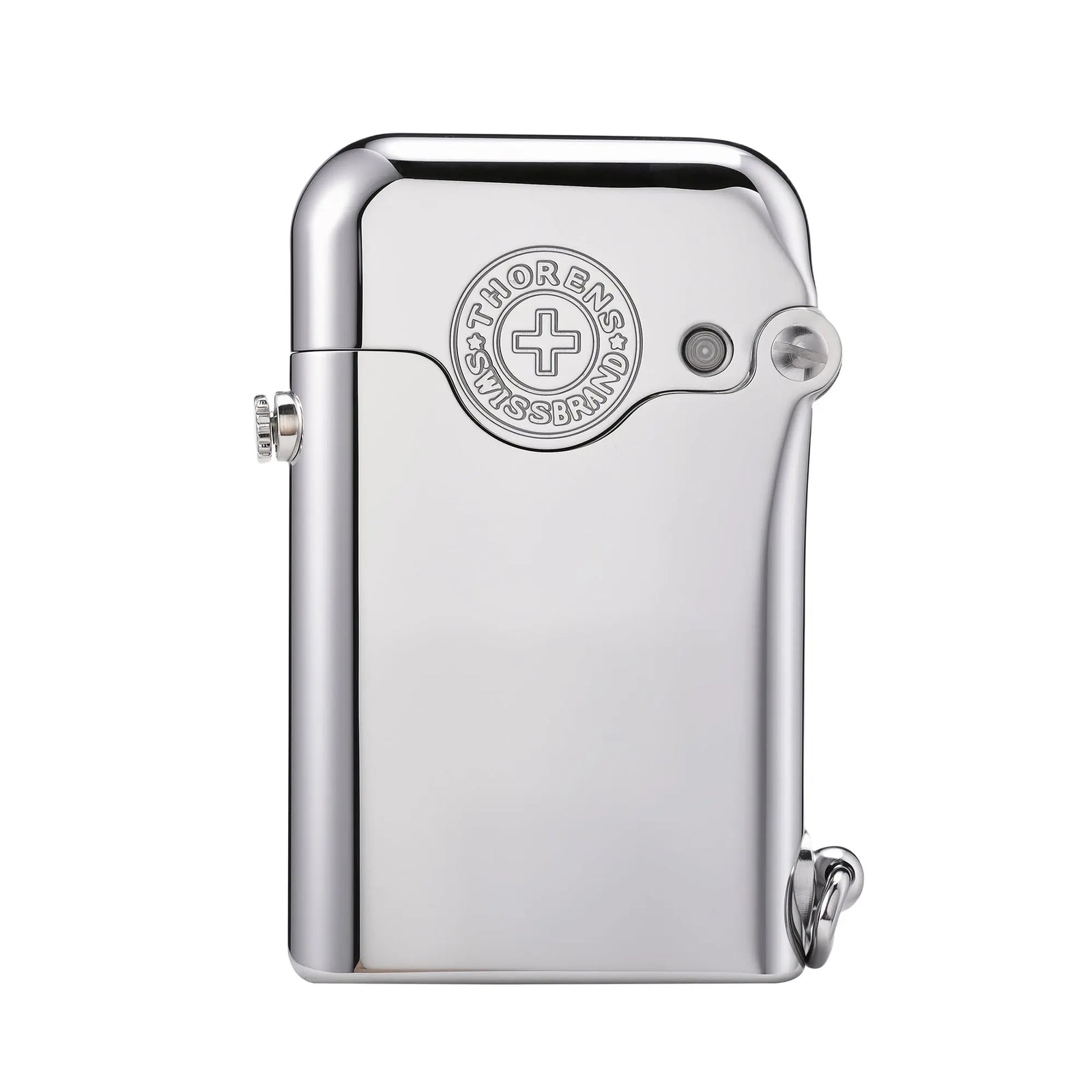 A Gen 1 Single Claw lighter in a high-polish glossy silver finish, featuring a signature mechanical hinge, bottom-fill design, and an engraved Thorens Swiss Brand logo.