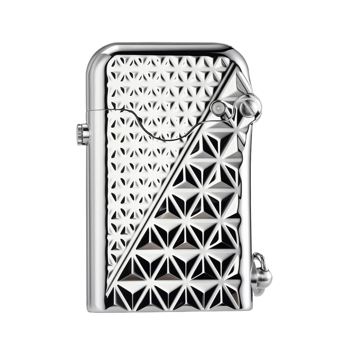 A Gen 1 Single Claw lighter in a polished silver finish, featuring a dynamic dual-textured diamond faceted pattern across the body and a mechanical side hinge.
