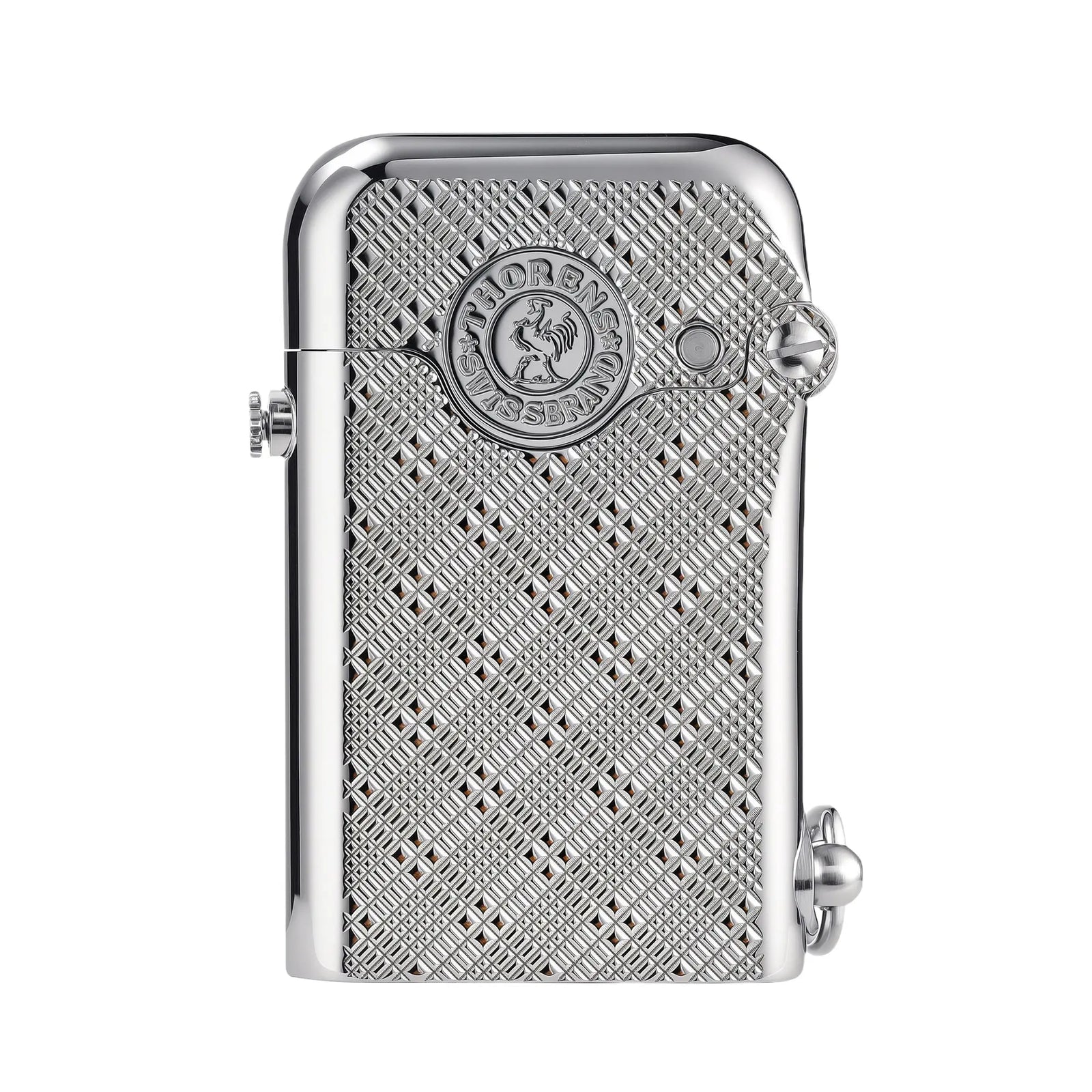 A Gen 1 Single Claw lighter in a polished silver finish, featuring a textured plum blossom diamond pattern and a central Thorens Swiss Brand logo with a rooster emblem.