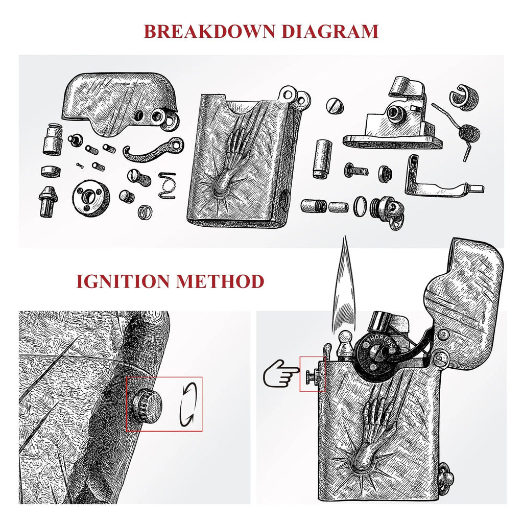 A technical drawing illustrating the internal component breakdown and mechanical ignition method of the Gen 1 Single Claw Spirit Claw lighter.