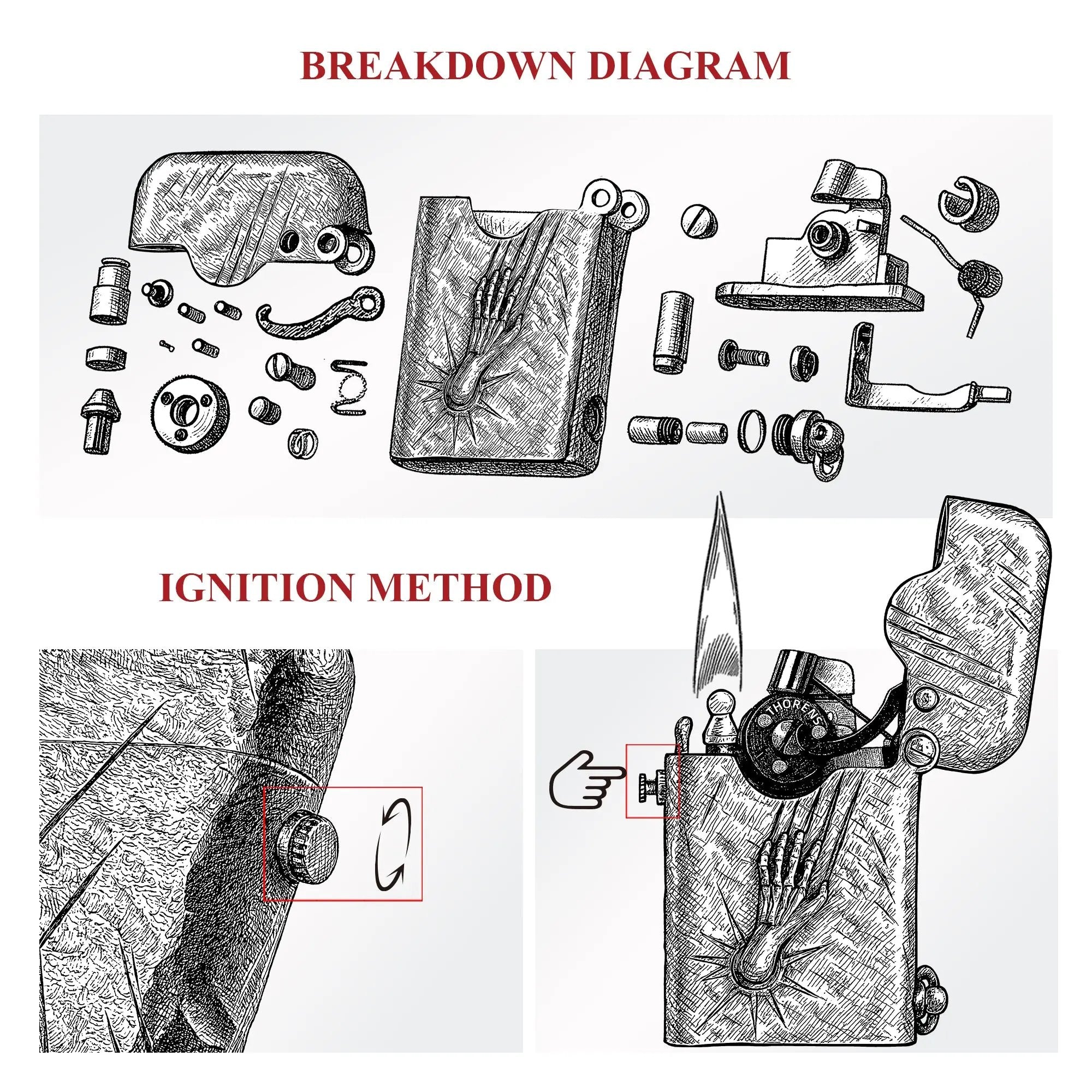 A technical drawing illustrating the internal component breakdown and mechanical ignition method of the Gen 1 Single Claw Spirit Claw lighter.