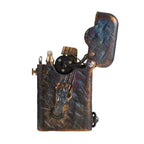 A side view of an open Gen 1 Single Claw Spirit Claw lighter, featuring a weathered iridescent brass body and a prominent 3D skeletal hand relief on a white background.