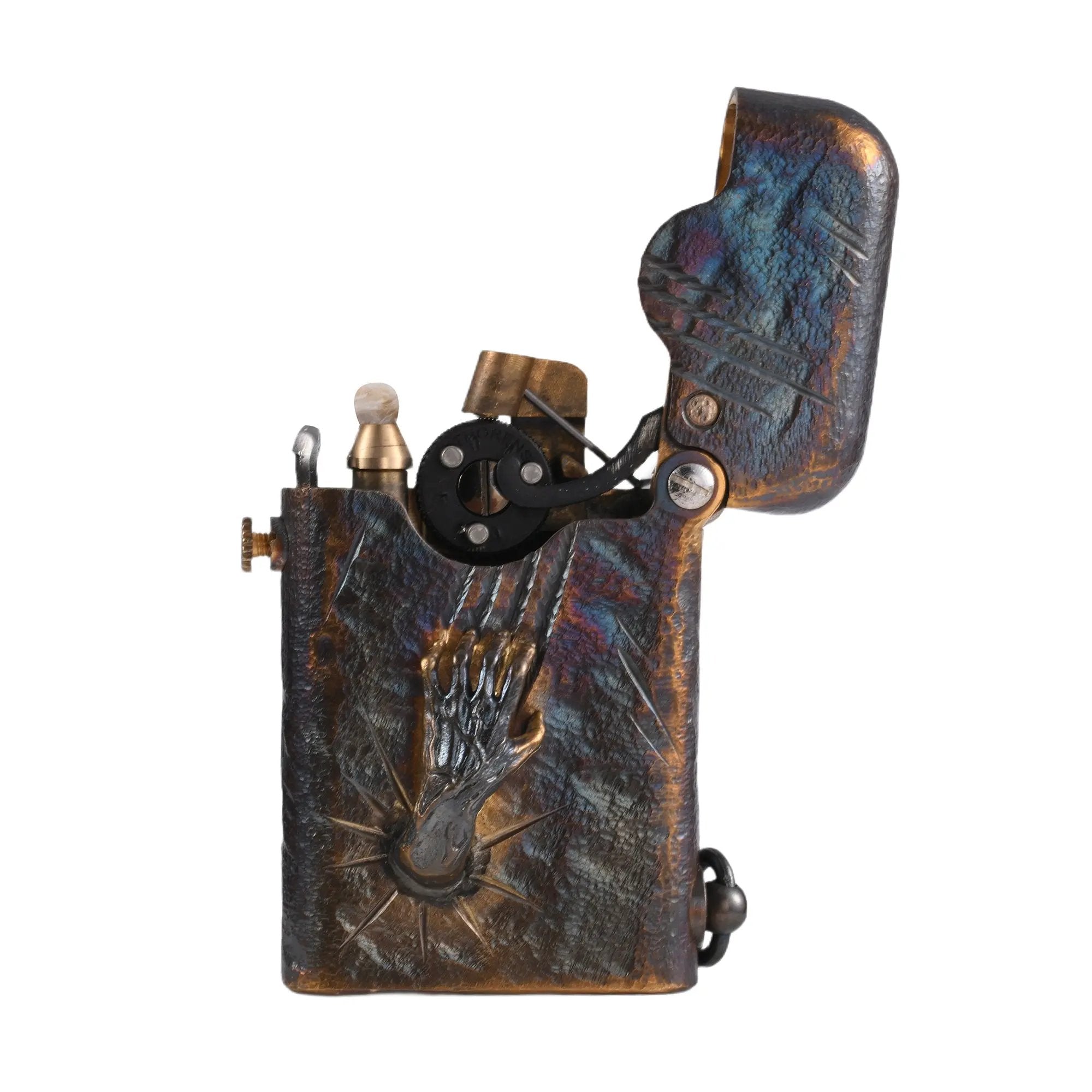 A side view of an open Gen 1 Single Claw Spirit Claw lighter, featuring a weathered iridescent brass body and a prominent 3D skeletal hand relief on a white background.