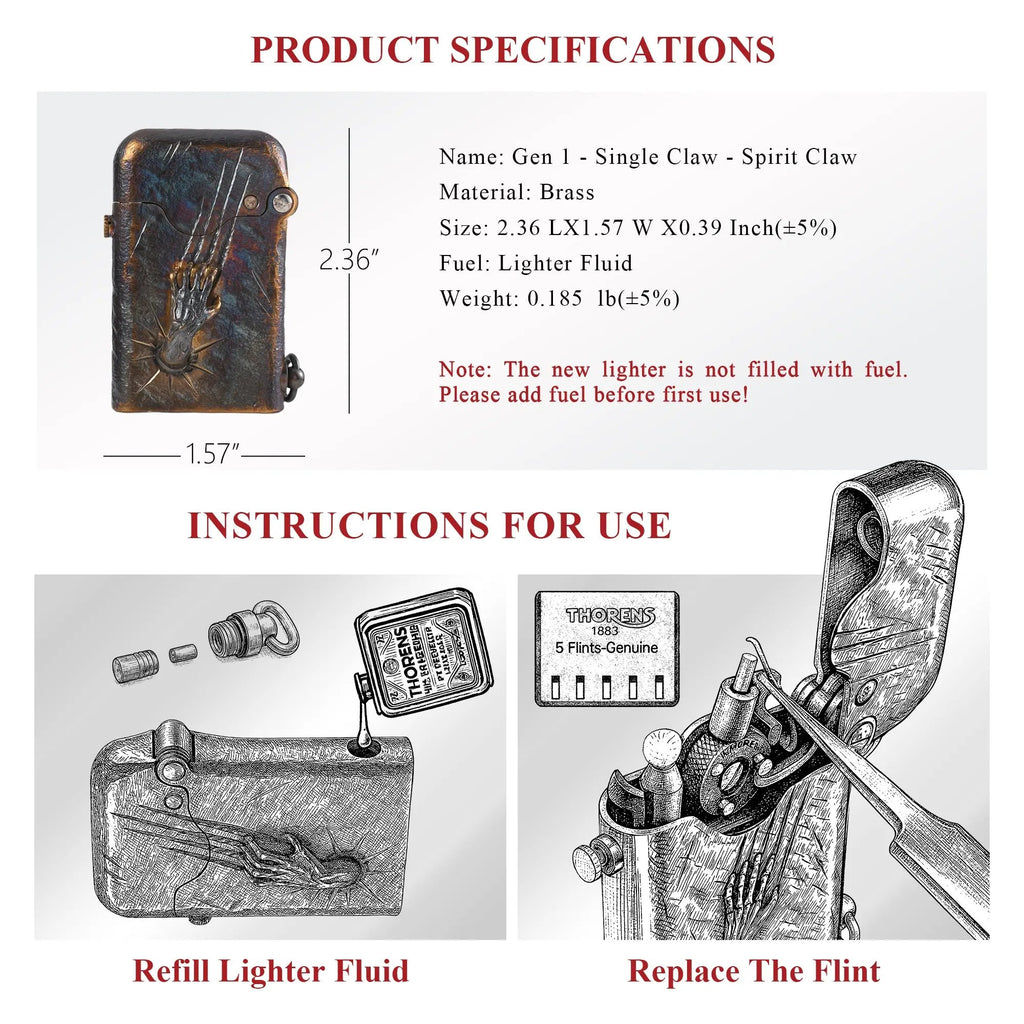 A technical infographic for the Gen 1 Single Claw Spirit Claw lighter, displaying brass material specs, dimensions, and illustrated guides for refilling fluid and flint replacement.