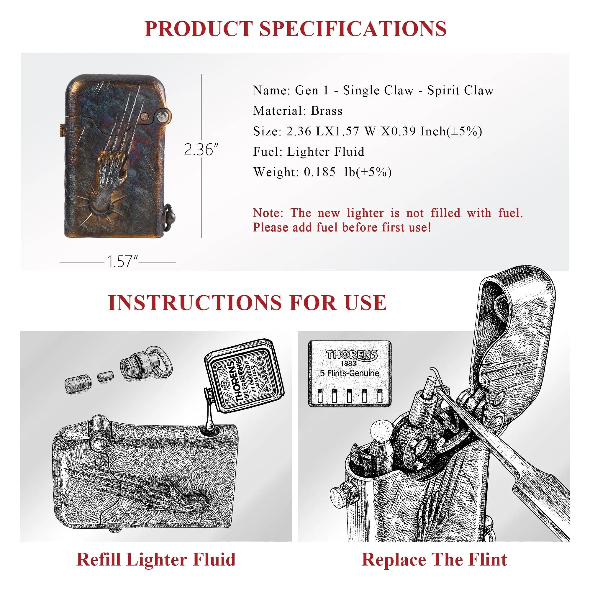 A technical infographic for the Gen 1 Single Claw Spirit Claw lighter, displaying brass material specs, dimensions, and illustrated guides for refilling fluid and flint replacement.