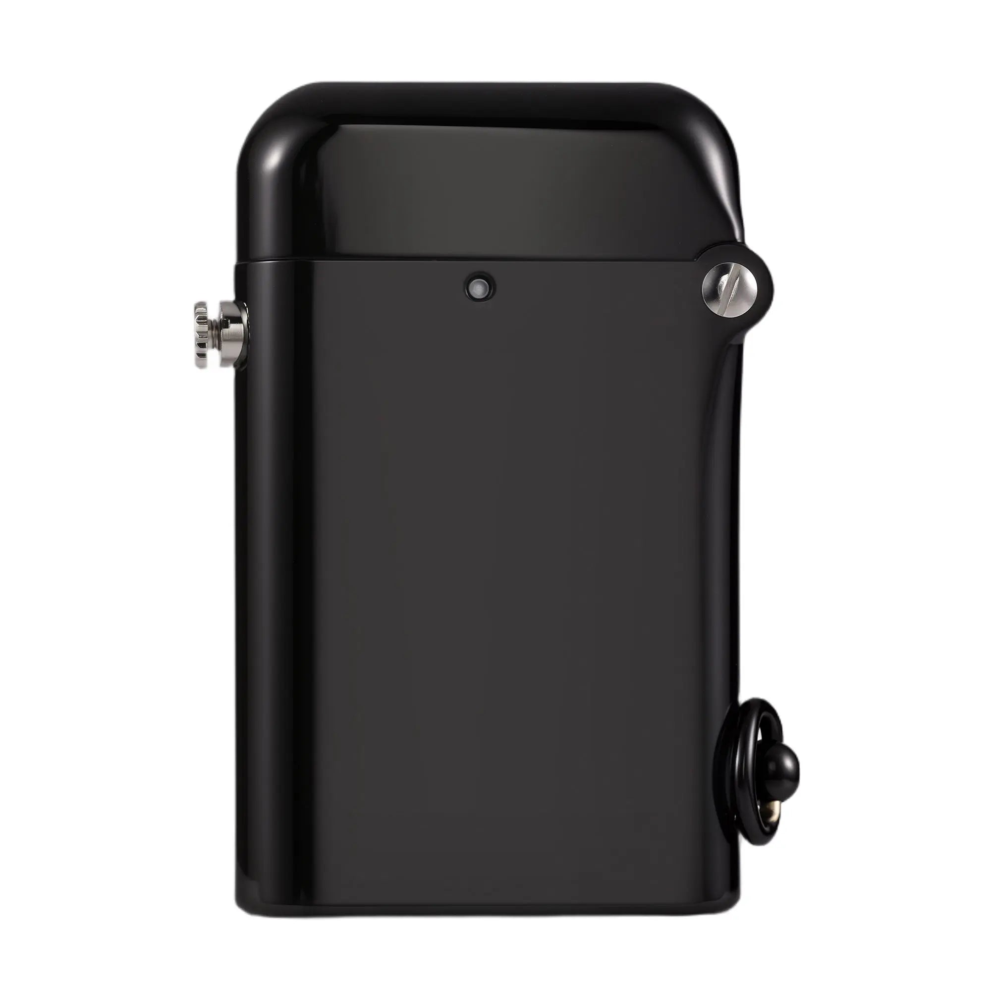 A sleek, glossy black Thorens Gen 2 Double Claw lighter showcasing a minimalist aesthetic and high-precision mechanical hinge.