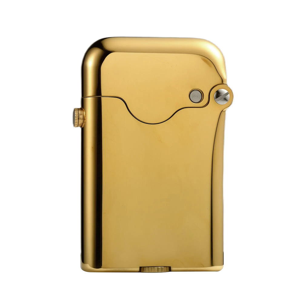 A Gen 3 Single Claw lighter in a high-polish glossy brass finish, showcasing its unique mechanical hinge and the bottom-fill valve design.
