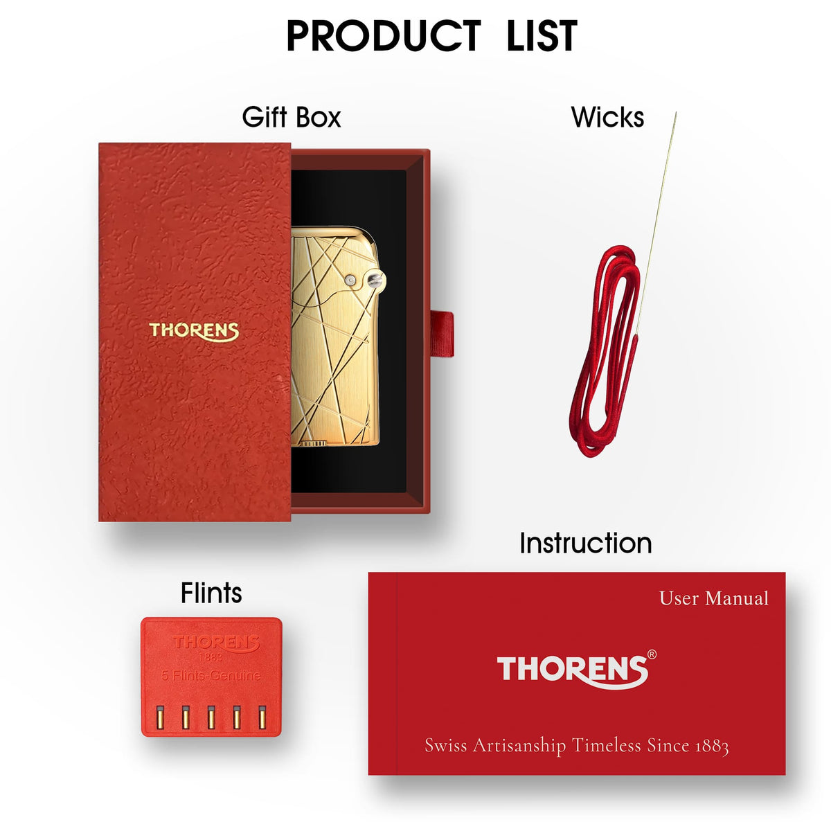 A complete product set featuring the Gen 3 Single Claw Gold lighter in a red gift box, accompanied by genuine flints, wicks, and the user manual.