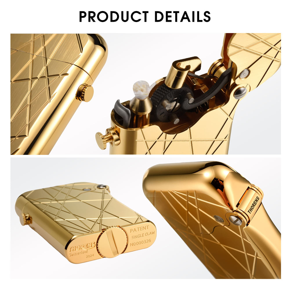 A detailed multi-angle display of the Gen 3 Single Claw Gold lighter, highlighting the modern grid engraving, open-cap mechanism, and flint assembly.