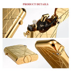 A detailed multi-angle display of the Gen 3 Single Claw Gold lighter, highlighting the modern grid engraving, open-cap mechanism, and flint assembly.