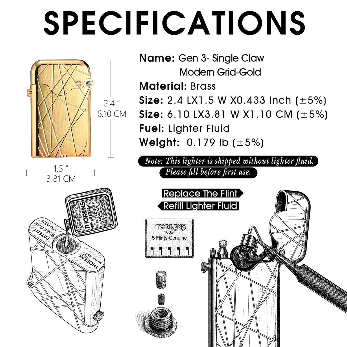 A technical infographic of the Gen 3 Single Claw Gold lighter showing dimensions, brass material details, and diagrams for refilling fluid and replacing the flint.