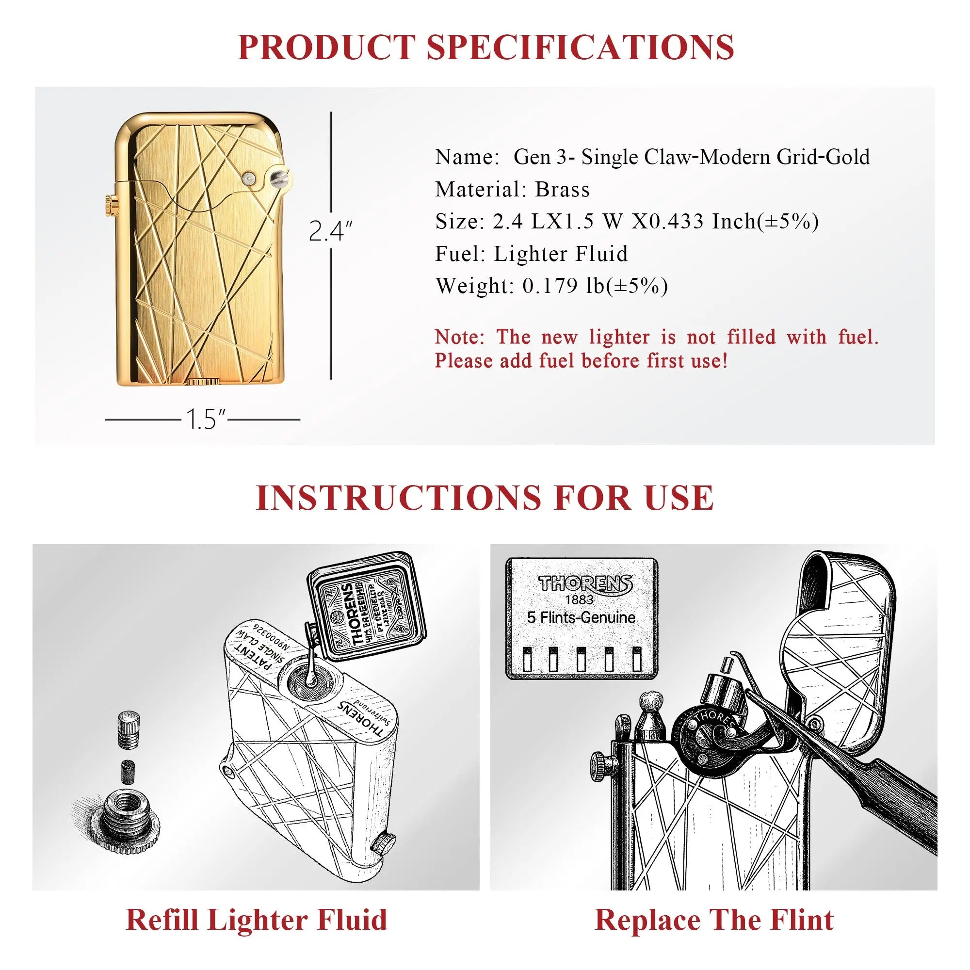 A technical infographic of the Gen 3 Single Claw Gold lighter showing dimensions, brass material details, and diagrams for refilling fluid and replacing the flint.