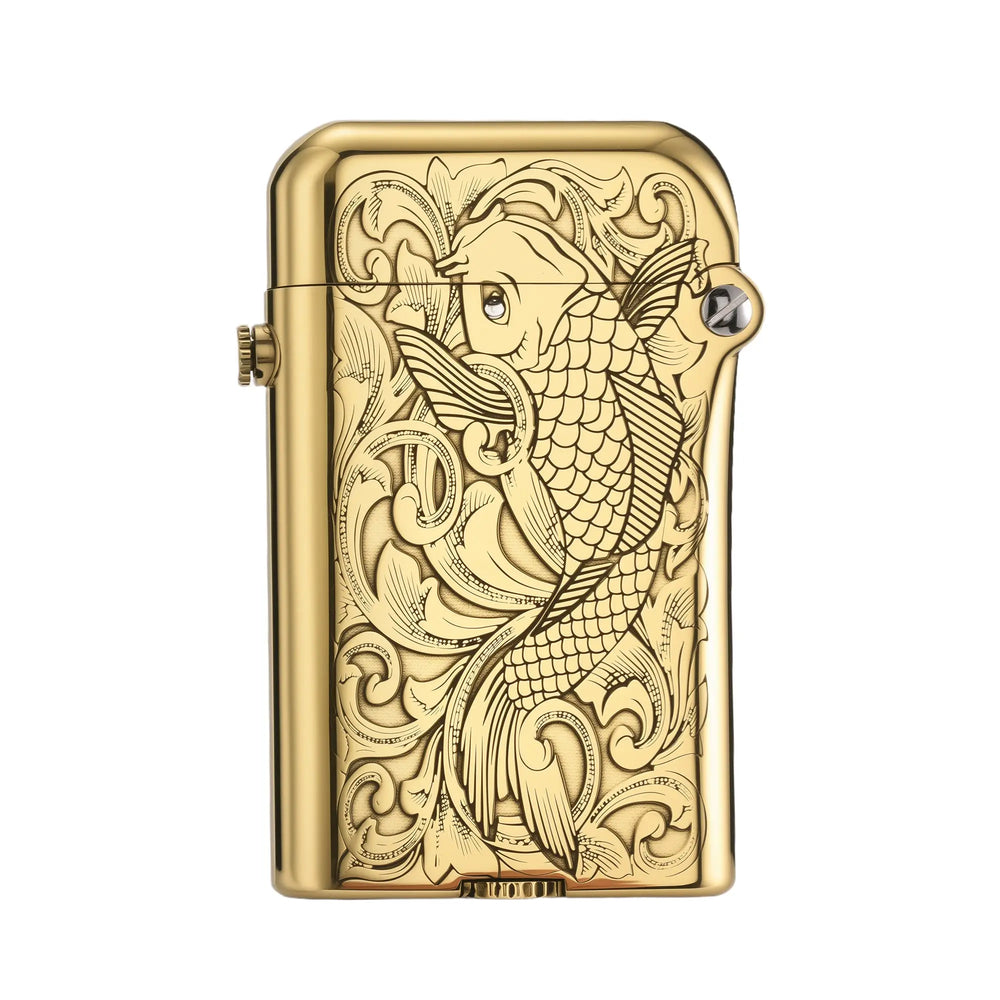 A Gen 4 Double Claw lighter in a polished brass finish, featuring a detailed engraving of a traditional Koi fish swimming among swirling water patterns, with a signature mechanical hinge.