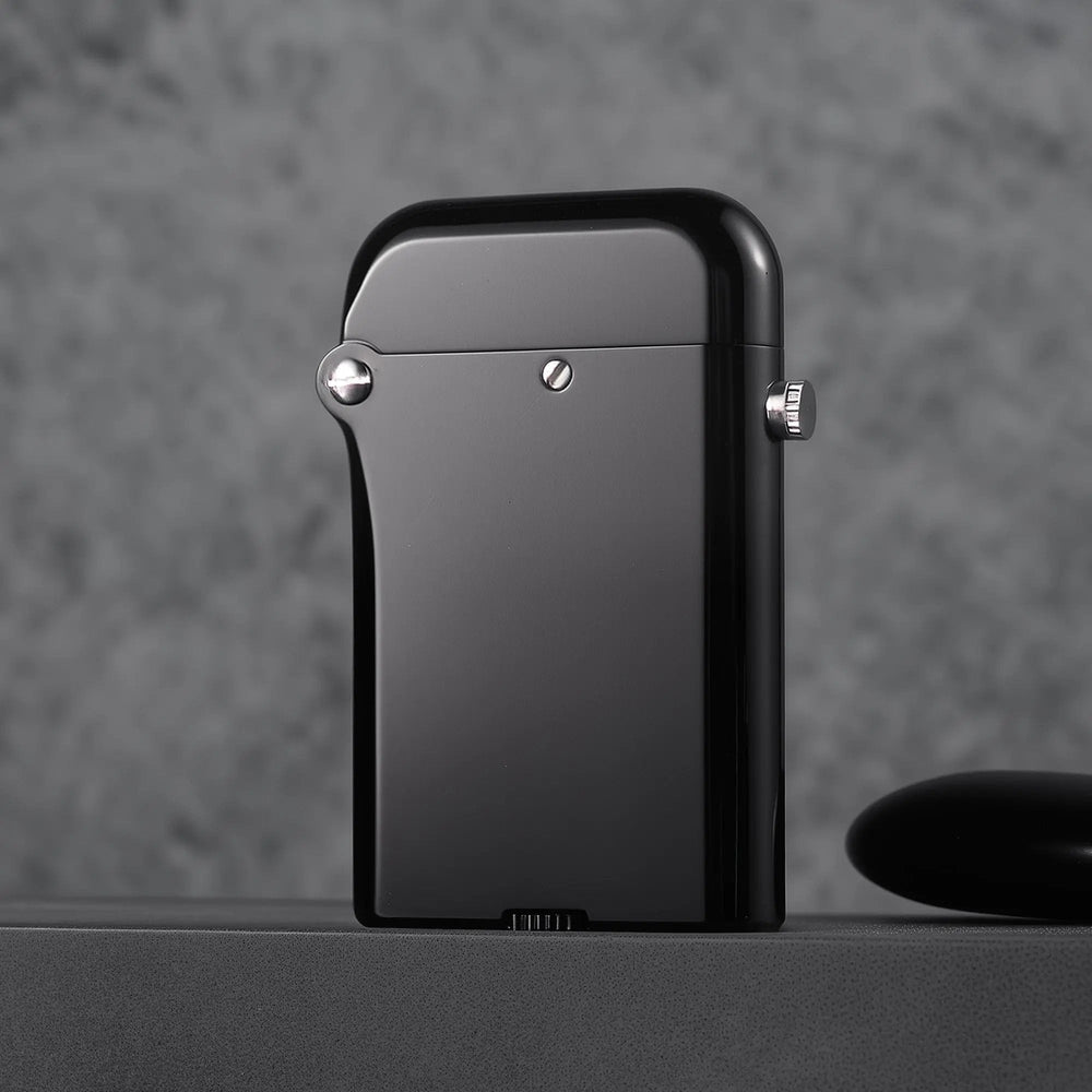 The back profile of a Gen 4 Double Claw lighter showing the smooth glossy black finish and precision screw hinge on a granite-style background.