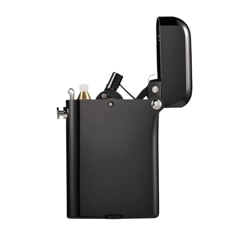 Side profile of an open Gen 4 Double Claw lighter, highlighting the brass wick holder and intricate mechanical linkage against a white background.
