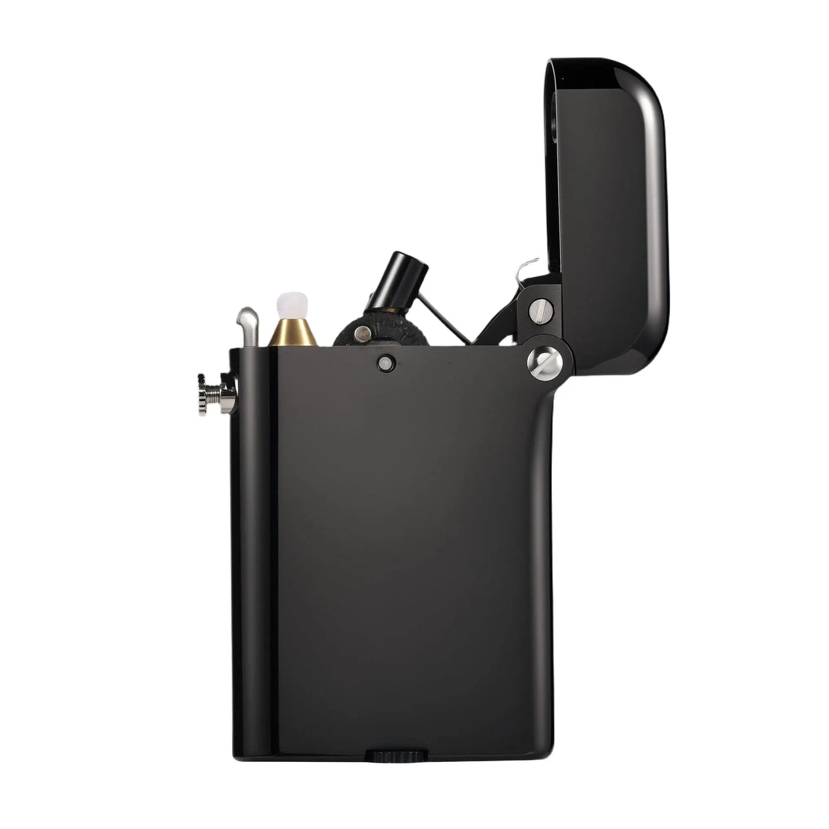 Side profile of an open Gen 4 Double Claw lighter, highlighting the brass wick holder and intricate mechanical linkage against a white background.