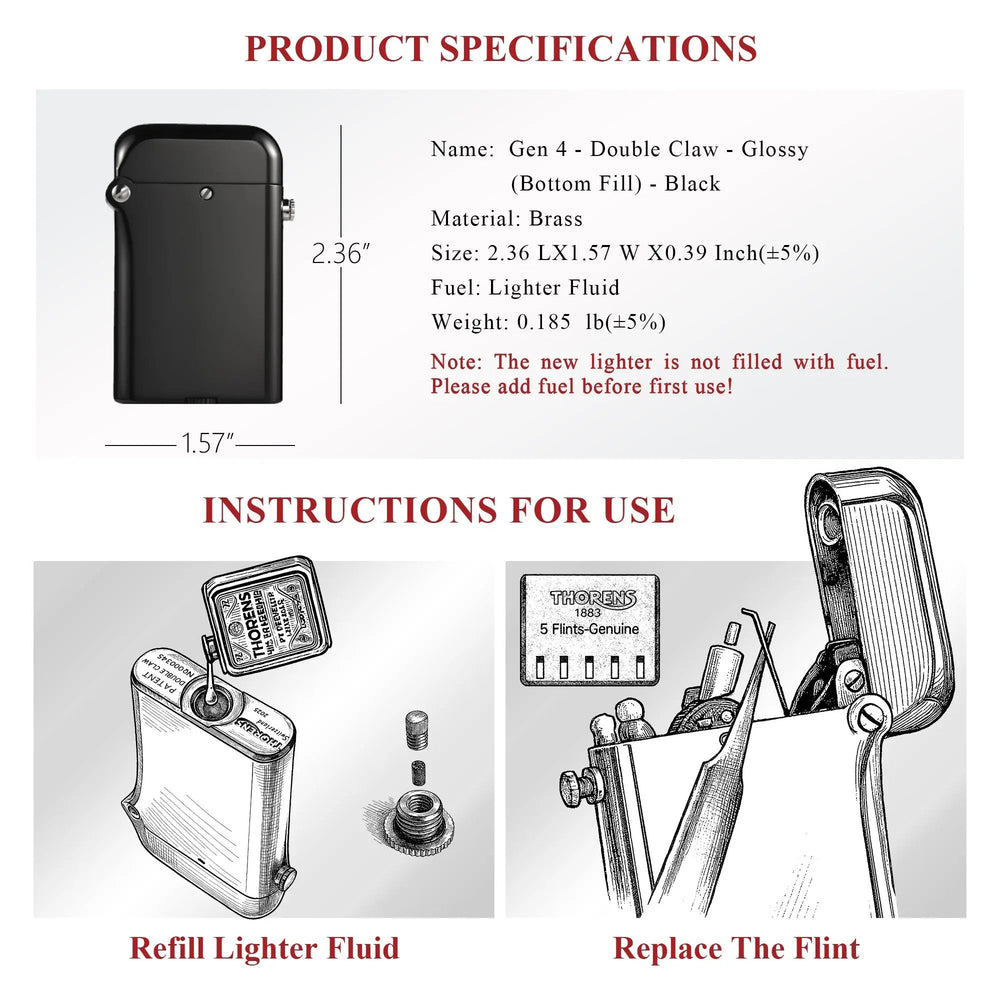 Technical specifications for the brass Gen 4 Double Claw lighter alongside illustrated instructions for refilling fluid and replacing the flint.
