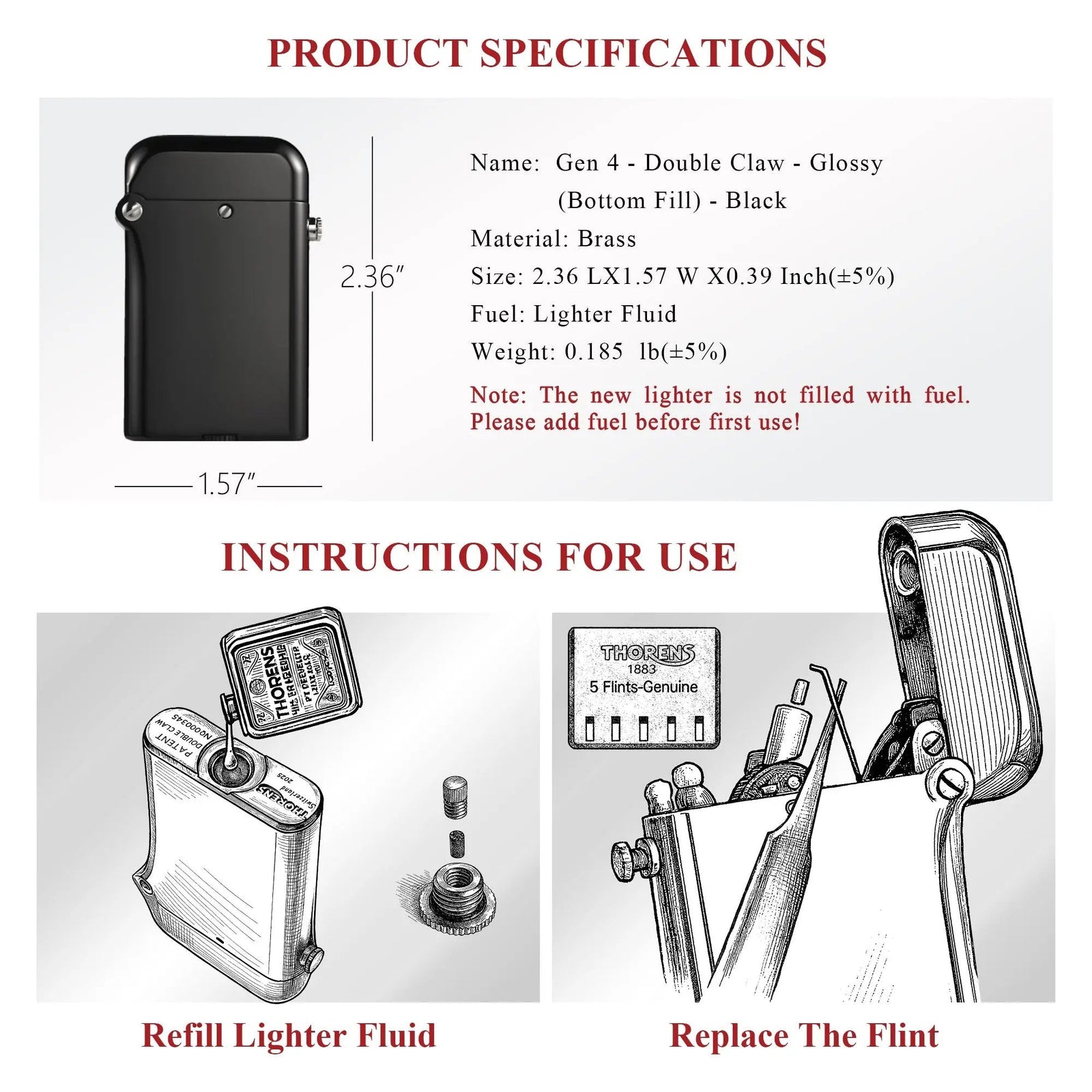 Technical specifications for the brass Gen 4 Double Claw lighter alongside illustrated instructions for refilling fluid and replacing the flint.