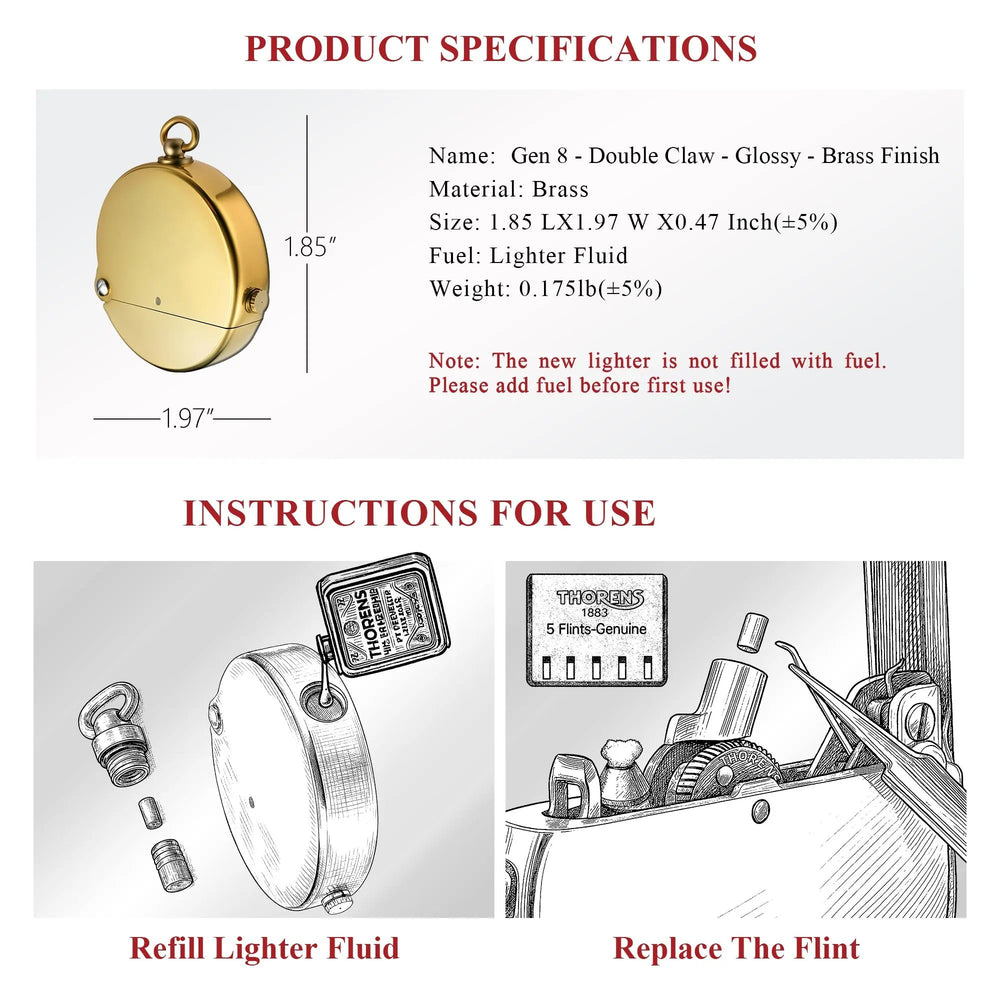 A technical infographic for the Thorens Gen 8 Double Claw lighter, featuring brass material specifications, dimensions, and illustrated guides for refilling fluid and flint replacement.