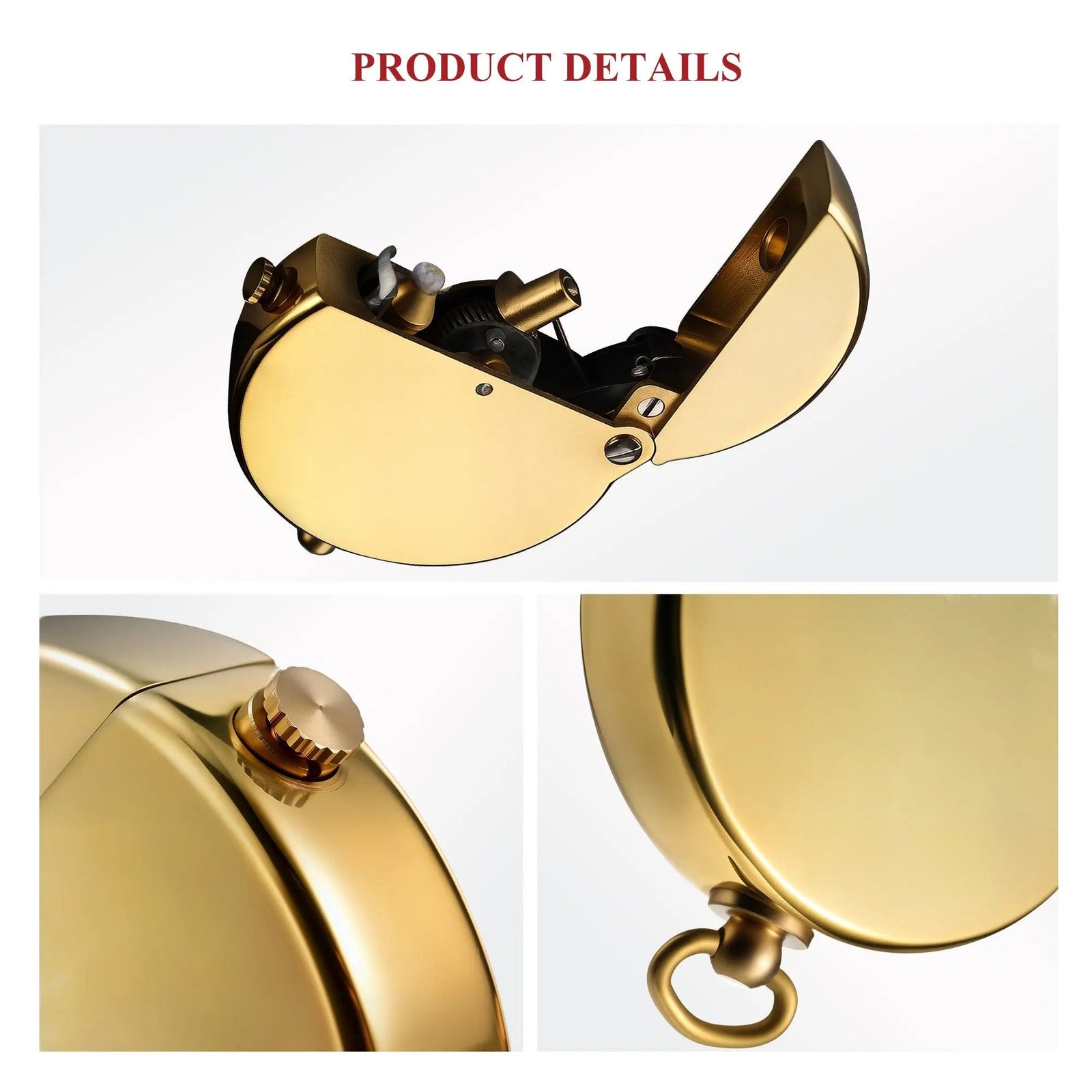 A product detail collage of the Gen 8 Double Claw lighter, showing the open dual-claw mechanism, the knurled adjustment knob, and the glossy brass lanyard loop.