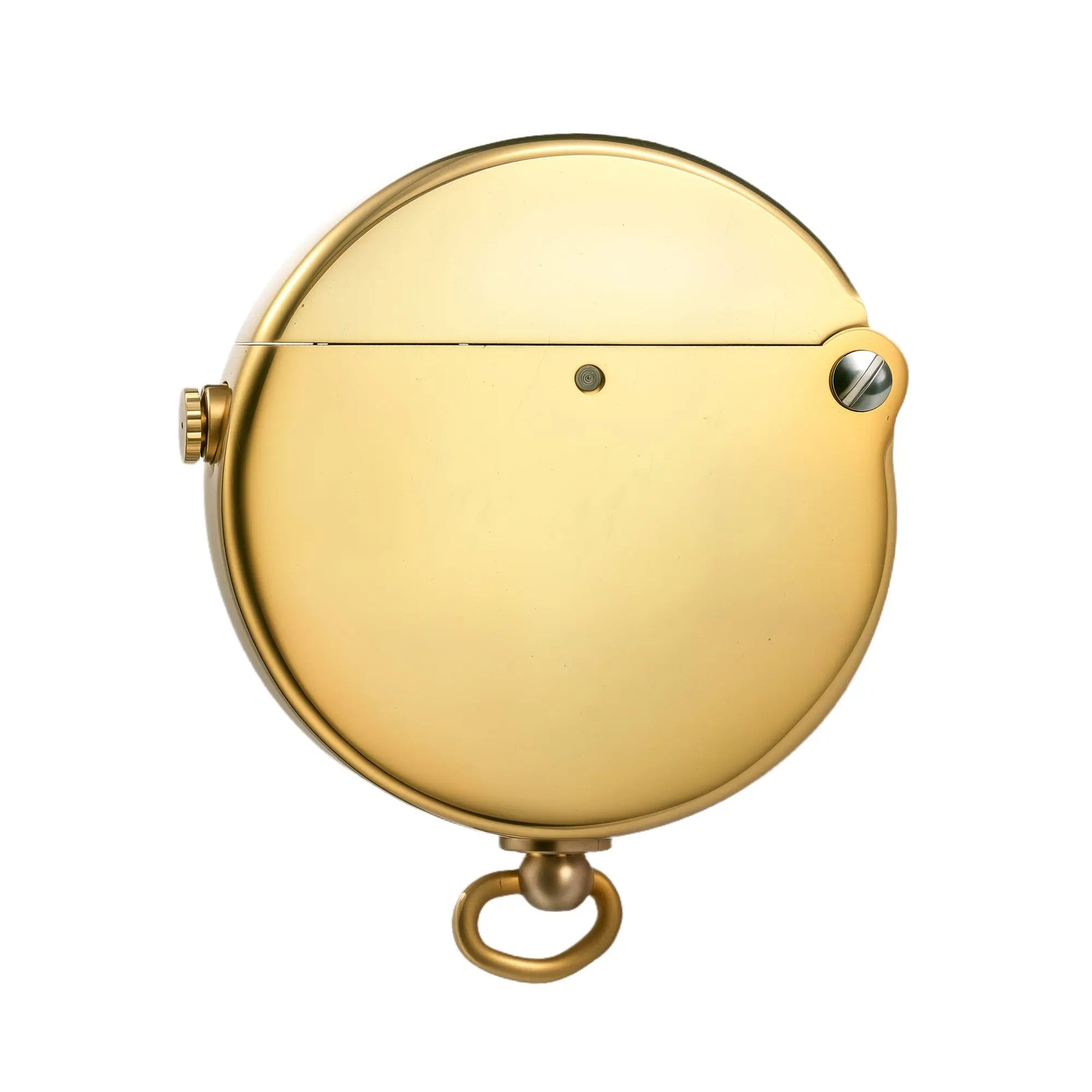 A Gen 8 Double Claw lighter featuring a minimalist circular body with a glossy brass finish, a mechanical hinge screw, and a bottom lanyard ring.