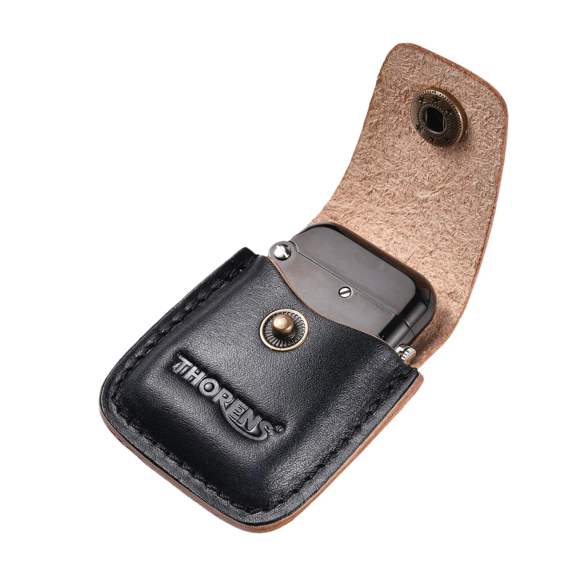 A Thorens branded black grain leather pouch with a soft suede interior and brass snap button, housing a polished chrome vintage-style pocket lighter.