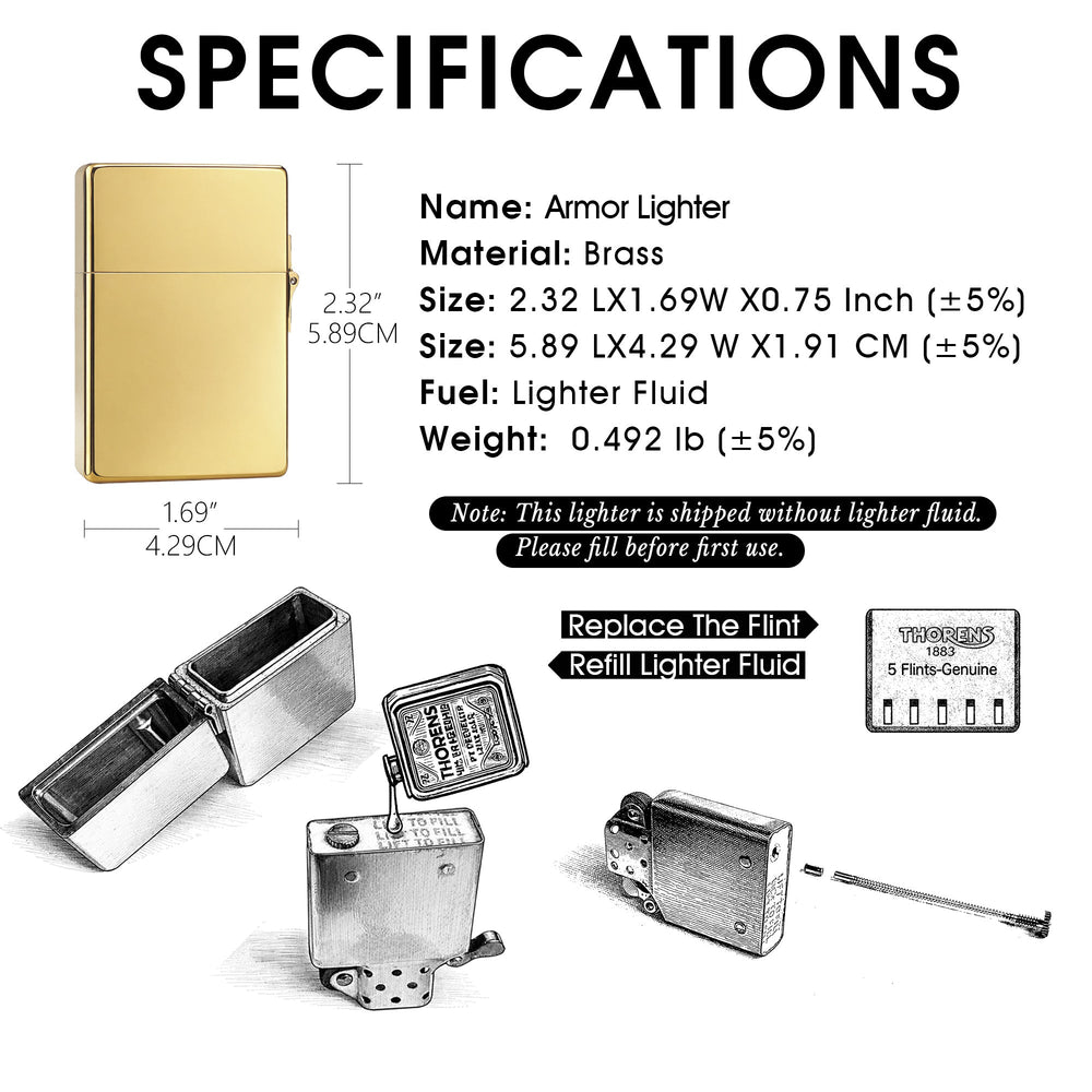 A technical graphic for the high-polish gold Armor lighter, detailing its 2.32-inch height and 1.69-inch width. The display includes illustrated maintenance steps for refilling lighter fluid and replacing the flint in the windproof insert.
